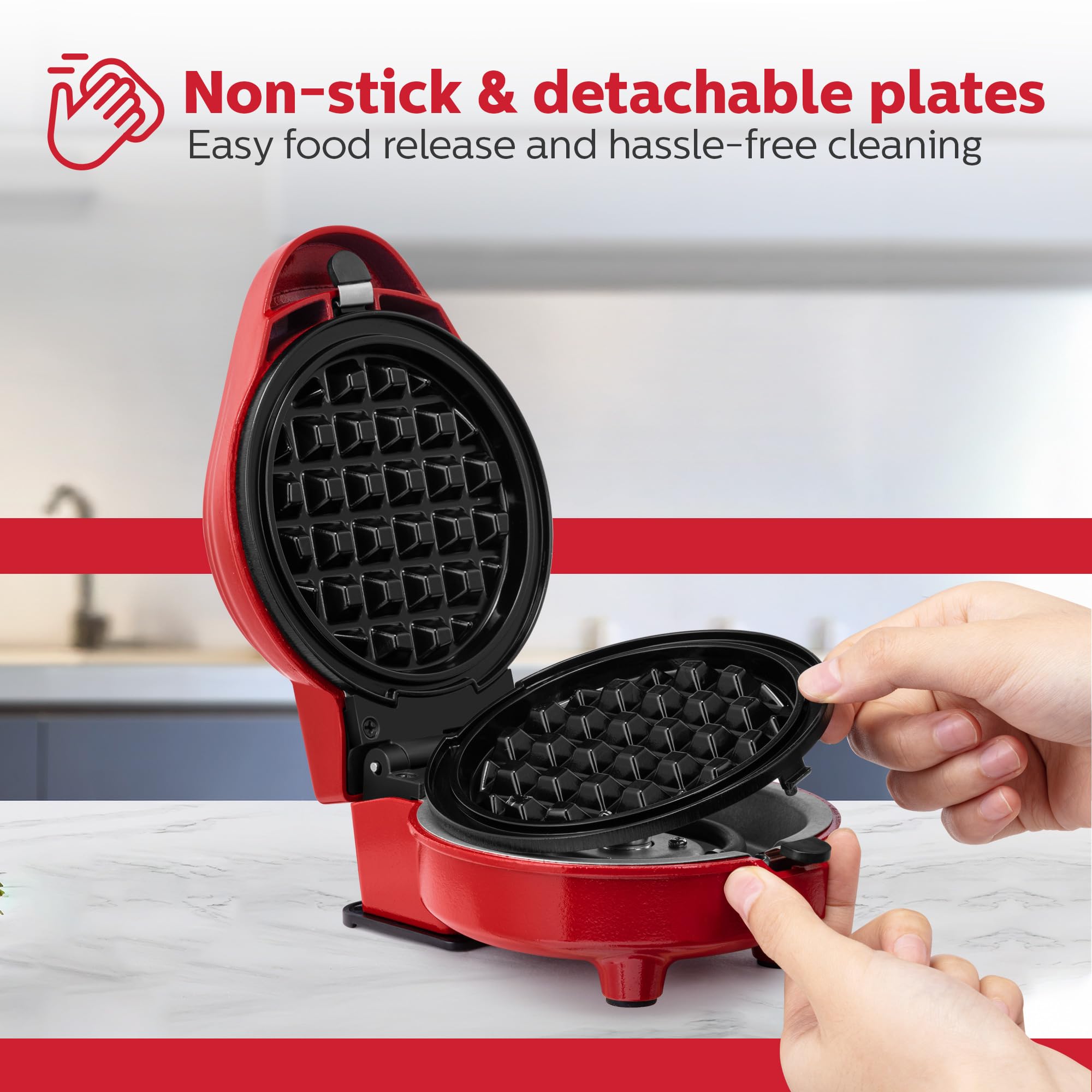 Holstein Housewares Mini 4-Inch Waffle Maker & Personal Griddle with 7 Interchangeable Plates - Make Fun-Shaped Waffles, Pancakes, Eggs (Dog, Cat, Heart Designs) - Perfect for Kids Breakfast, Party Treats & Family Cooking
