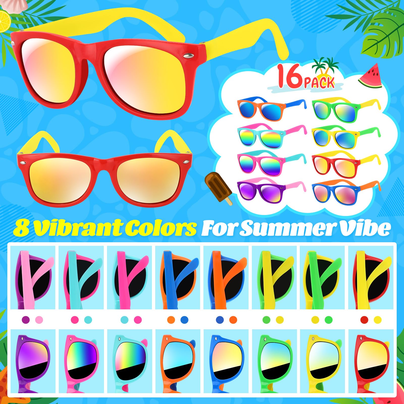 **GIFTINBOX 16-Pack Kids Sunglasses Bulk – Neon Sunglasses for Boys & Girls Ages 3-8 – Perfect for Birthday Parties, Beach, Pool, Summer & Outdoor Activities**