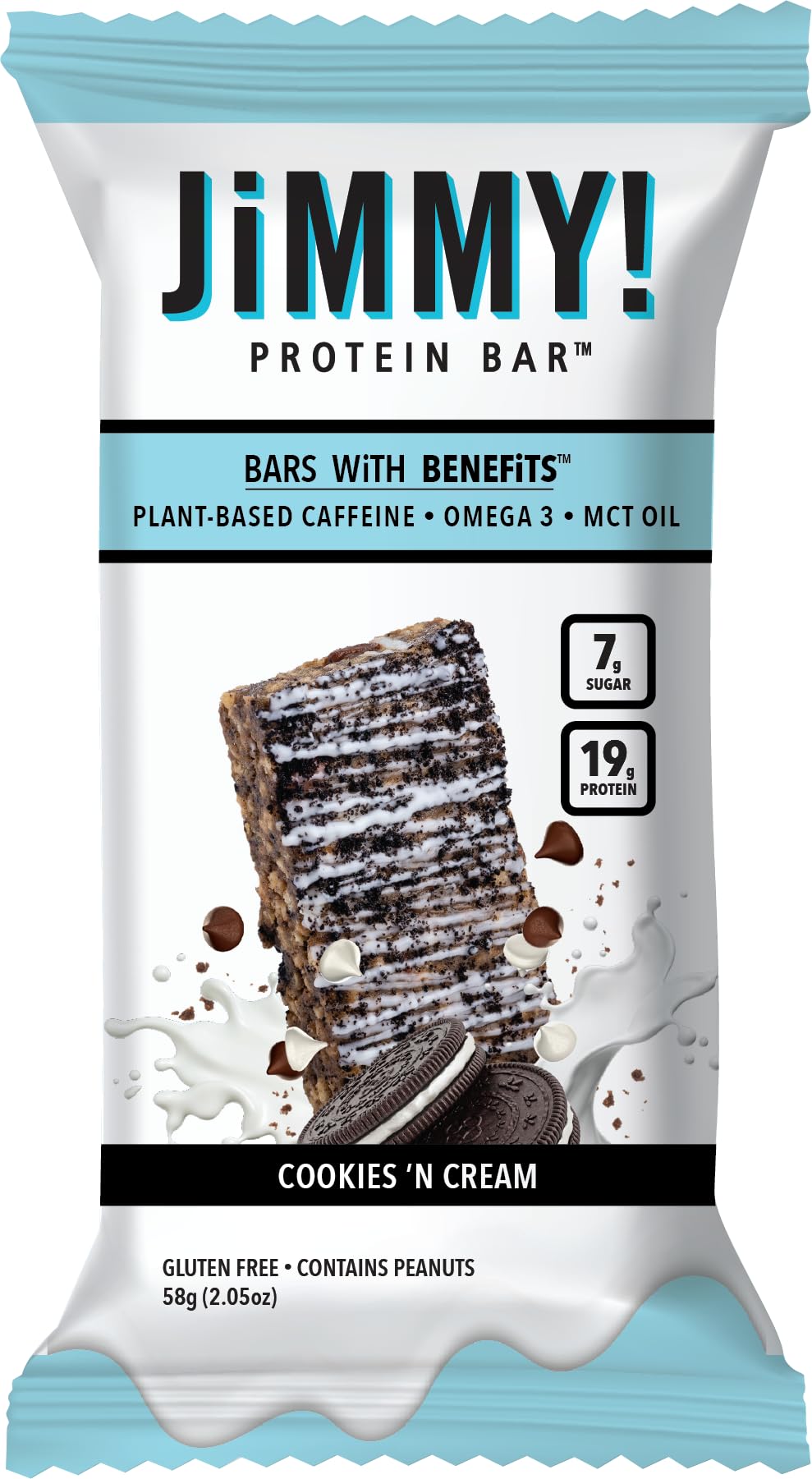 Jimmy's Protein Bar Cookies and Cream - 12 Pack, 18g Protein with Caffeine, Omega-3 & MCT Oil - Low Sugar, Gluten Free, Keto Friendly Energy Snack for Workouts, Hiking & On-the-Go Nutrition