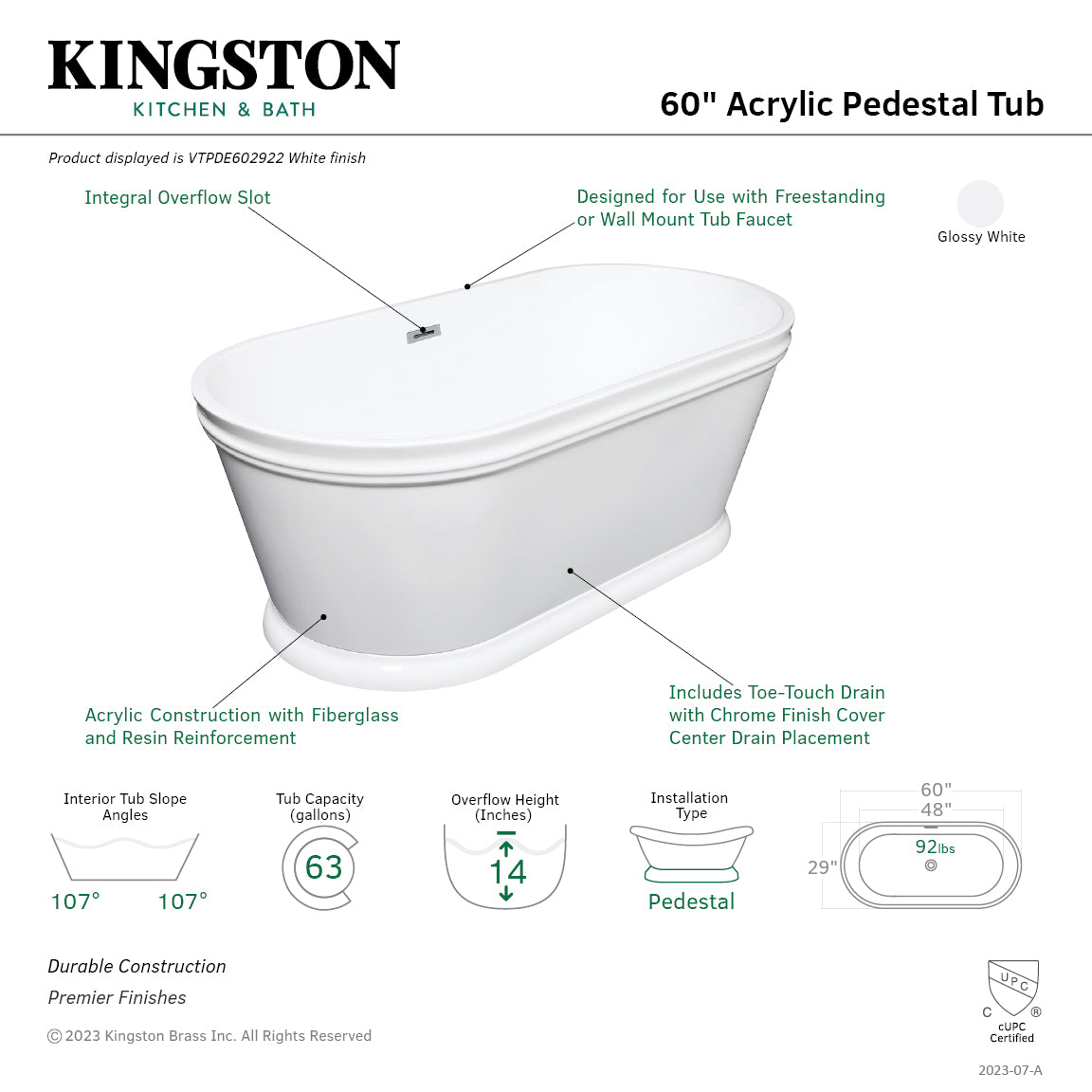 Aqua Eden 60 Inch Acrylic Oval Double Ended Freestanding Bathtub - Glossy White Pedestal Soaking Tub with Drain (No Faucet Holes) | Luxury Bathroom Upgrade for Spa-Like Relaxation