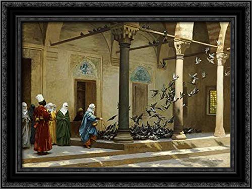 Jean Leon Gerome 'Harem Women Feeding Pigeons in a Courtyard' 36x28 Black Ornate Framed Canvas Art Print - Perfect for Living Room, Bedroom & Office Wall Decor