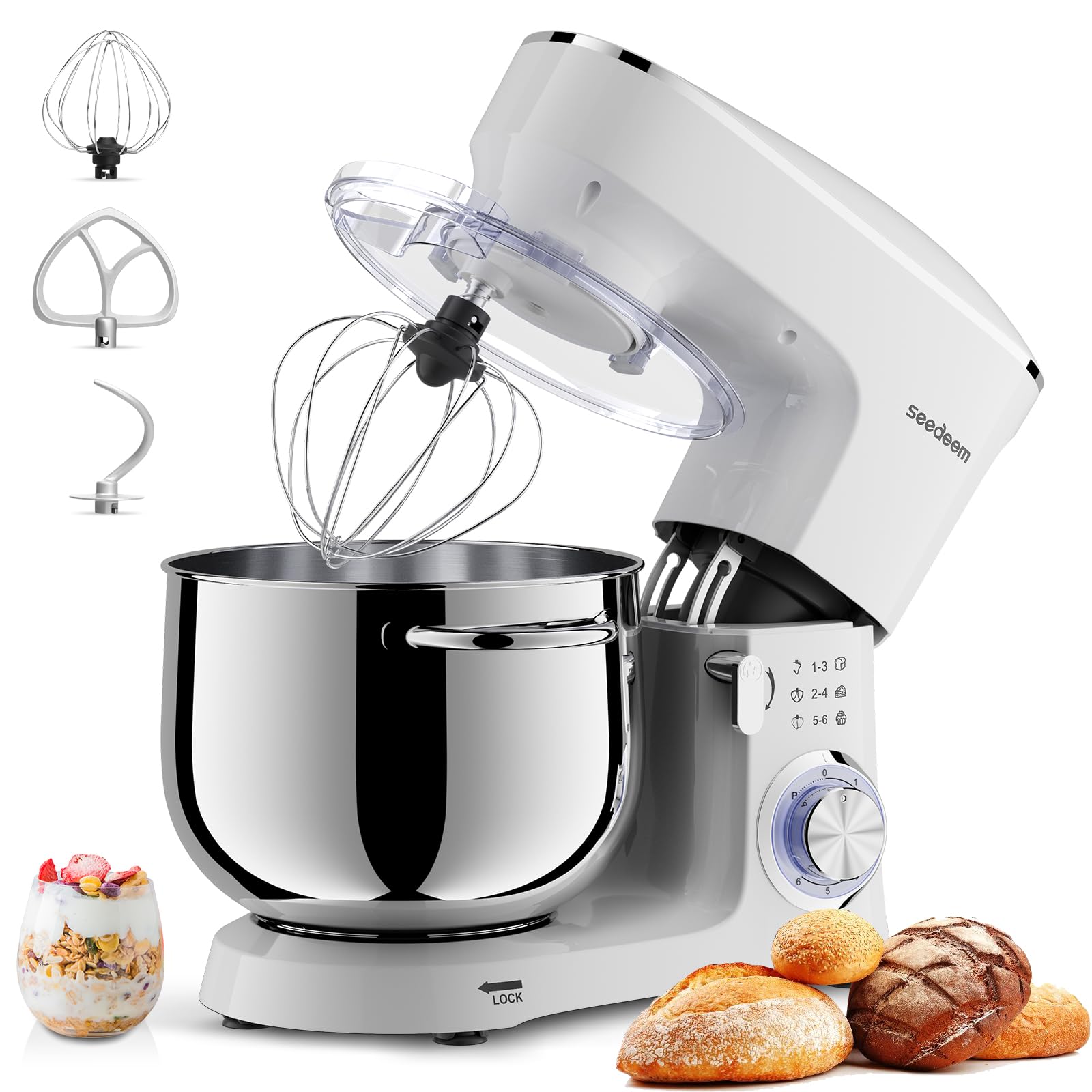 SEEDEEM 8.5 Qt Stand Mixer, 660W Powerful Electric Kitchen Mixer with 6+ Speeds, Tilt-Head Design & Dishwasher-Safe Attachments (Dough Hook, Wire Whip, Beater) - Perfect for Baking Bread, Cookies, Cakes & More - White