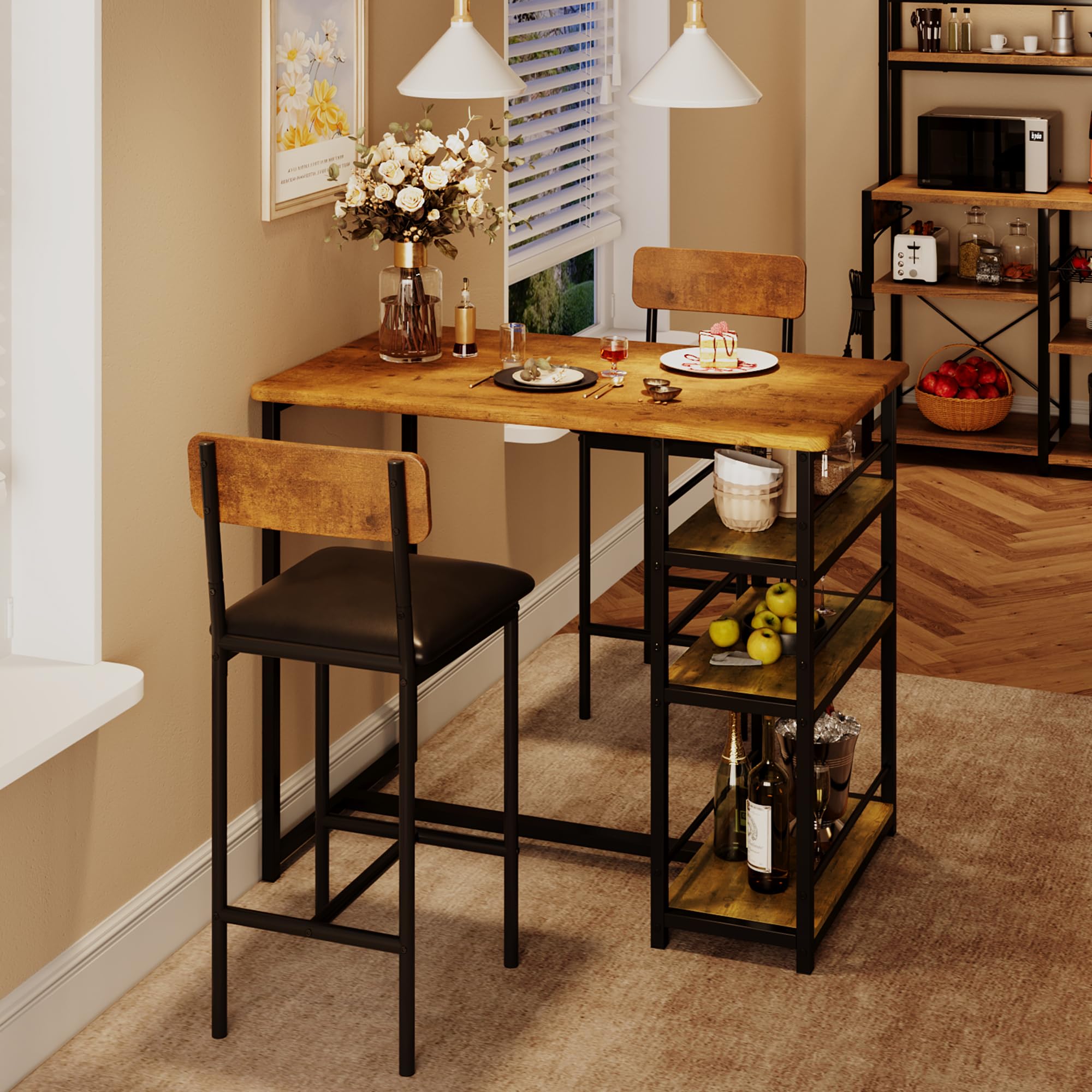 **IDEALHOUSE 2-Piece Kitchen Table Set with Storage Shelf & Upholstered Chairs - Rustic Brown Dining Table for Small Spaces, Apartments - Perfect for Breakfast Nooks, Studio Dining, and Cozy Meals**