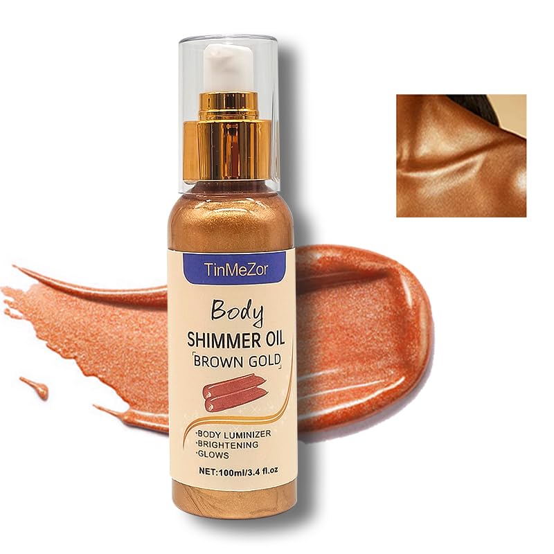 Golden Brown Shimmer Body Oil - Long Lasting Glow Highlighter for Face & Body Makeup | 3.4 Fl Oz | Perfect for Parties, Beach Days & Special Occasions