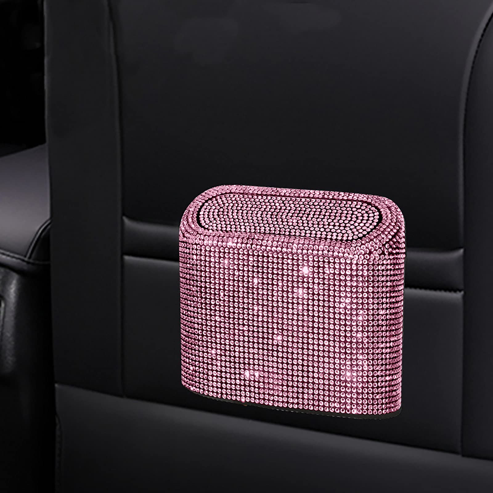 Bling Car Trash Can with Rhinestones - Pink Mini Waterproof Garbage Organizer for Women's Auto Accessories, Perfect for Road Trips and Daily Commutes
