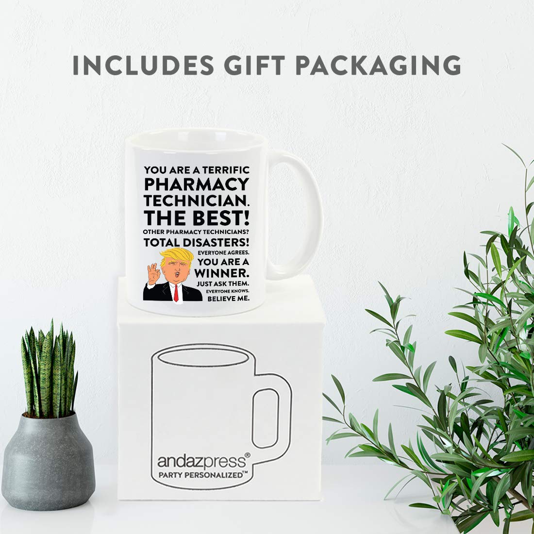 11oz Funny President Trump Coffee Mug - Gag Gift for Pharmacy Technician, Christmas, Birthday & Graduation - Novelty Drinking Cup with Gift Box - Perfect for Office Humor & Political Satire