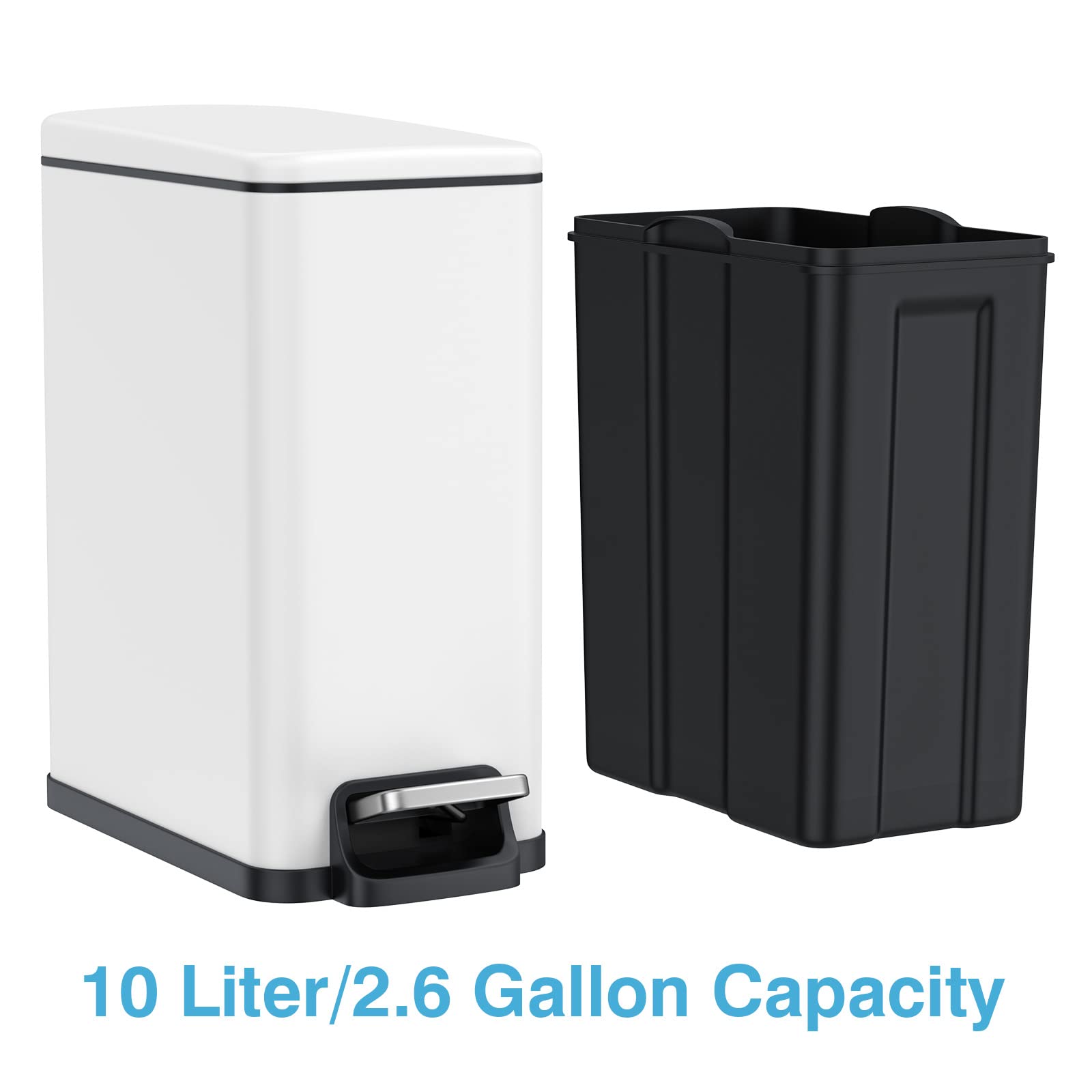 BETHEBEST 2.6 Gallon Rectangular Step Trash Can with Lid & Foot Pedal - Removable Liner Bucket Bathroom Garbage Bin for Bathroom, Bedroom, Office (White) | Perfect for Small Spaces & Odor Control