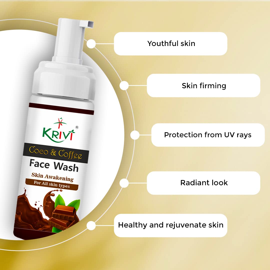 KRIVI Natural Brightening Face Wash with Coconut Extract, Coffee Extract, Vitamin E, Tea Tree Oil & Vitamin B5 - Paraben-Free 150ml for Glowing Skin | Daily Cleansing & Hydration for All Skin Types