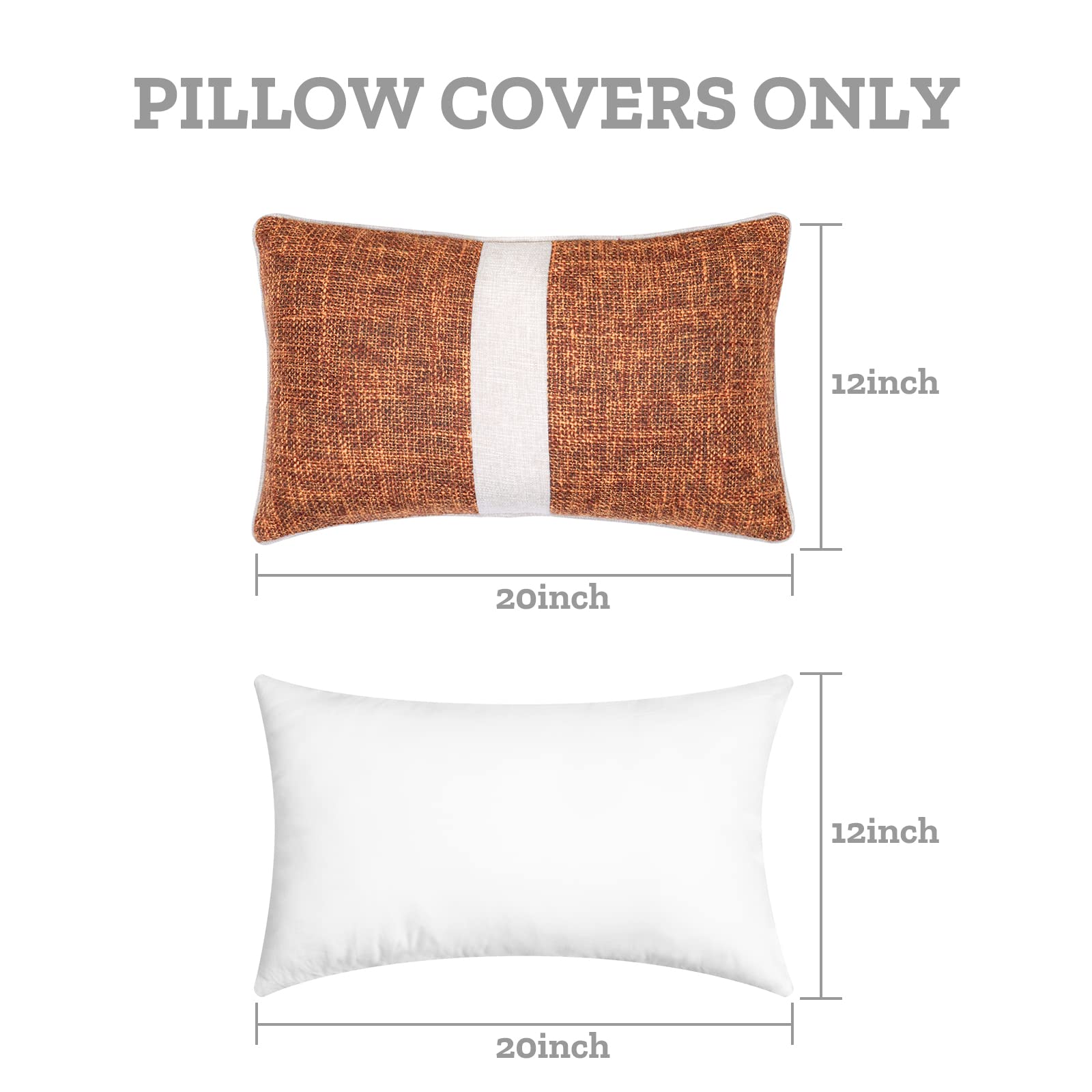 2 Pack 12x20 Inch Orange Linen & Brown Faux Leather Patchwork Lumbar Pillow Covers - Farmhouse Modern Decorative Throw Pillow Cases for Couch, Bed, Sofa, Chair - Perfect for Living Room, Bedroom & Home Decor