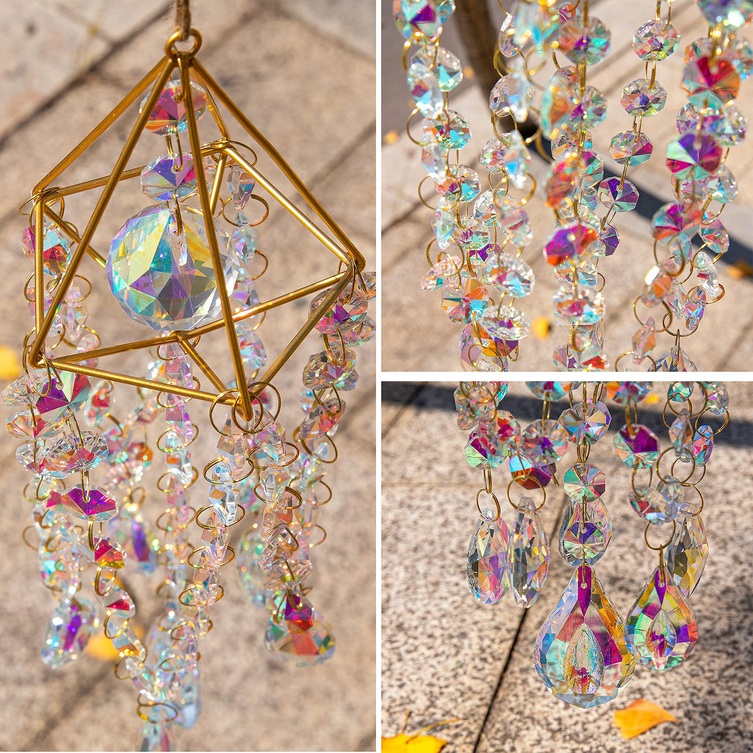 Handmade Gold Plated Crystal Suncatchers for Windows - Rainbow Maker Wind Chime Style Garden Decor for Indoor & Outdoor Use | Perfect for Living Room, Bedroom, Patio, and Gift Giving