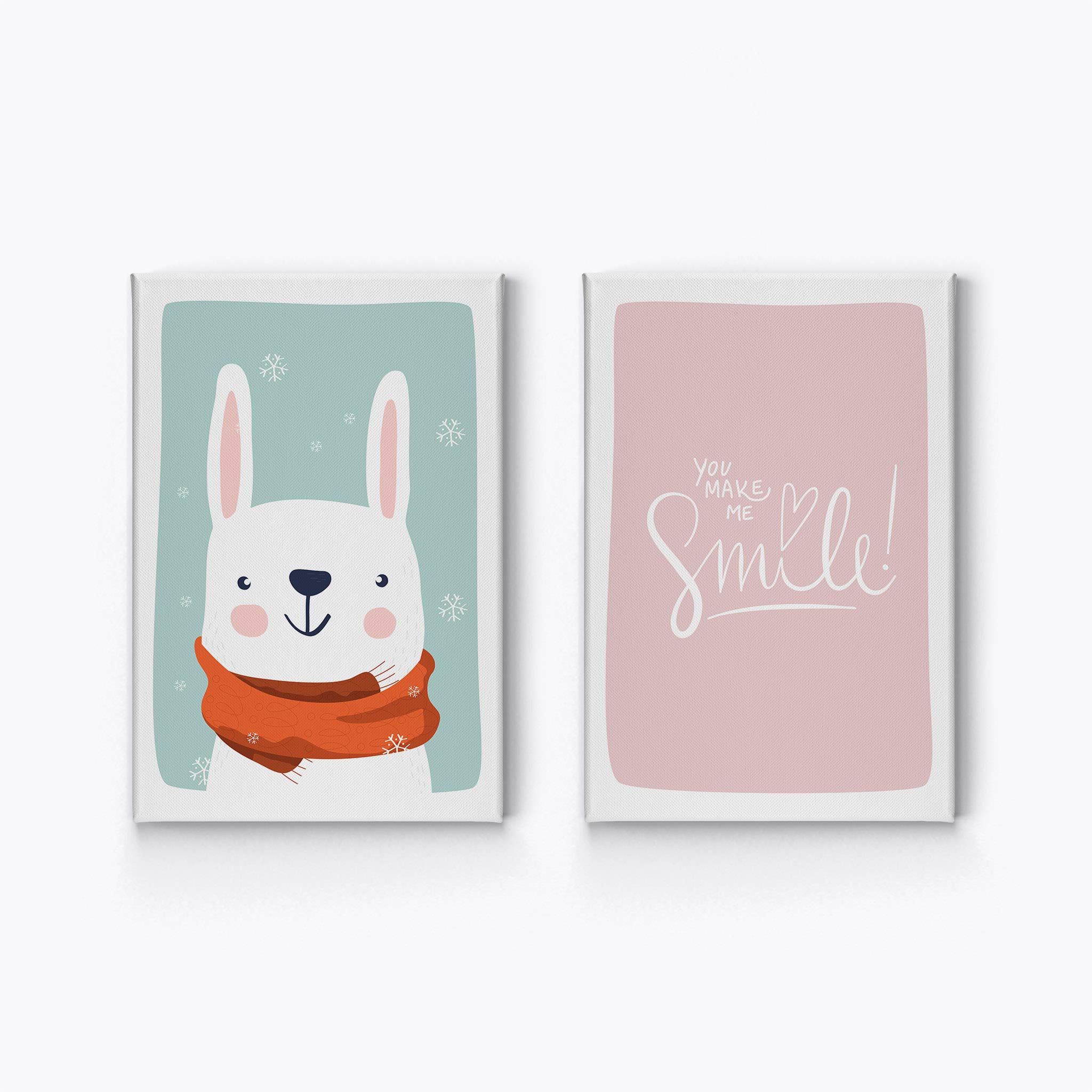 Cute Rabbit & Inspirational Quote Winter Theme Canvas Art Set - Turquoise & Pink Background - 2-Piece Wall Decor for Kids Room, Nursery, Baby Boy & Girl Bedroom - Ready to Hang - Made in USA (28x19 inches each) - Perfect for Children's Room Decor, Birthday Gifts & Nursery Wall Art