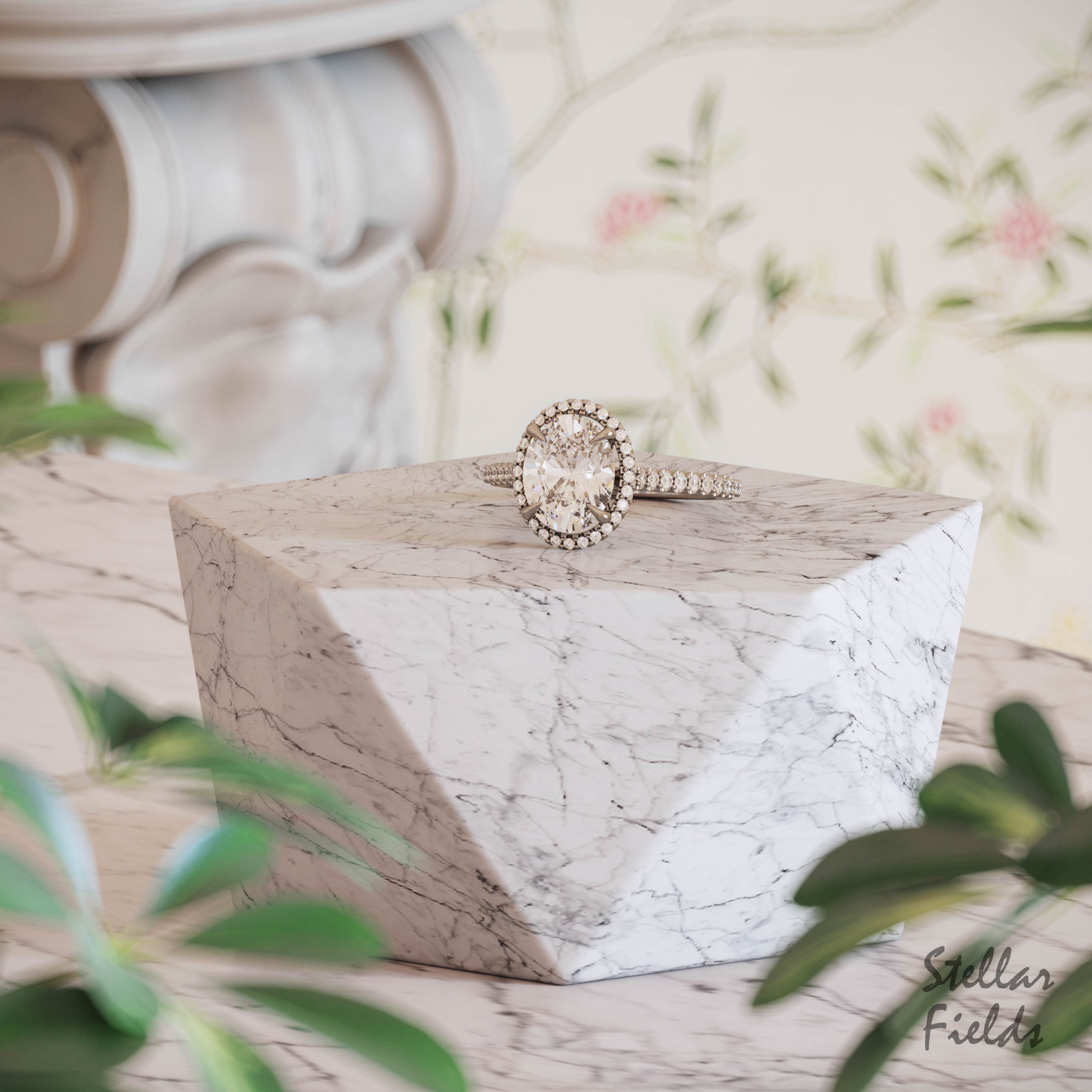 Oval Halo Engagement Ring with Scalloped Micro Pave Band - Perfect for Proposals, Weddings & Anniversary Gifts