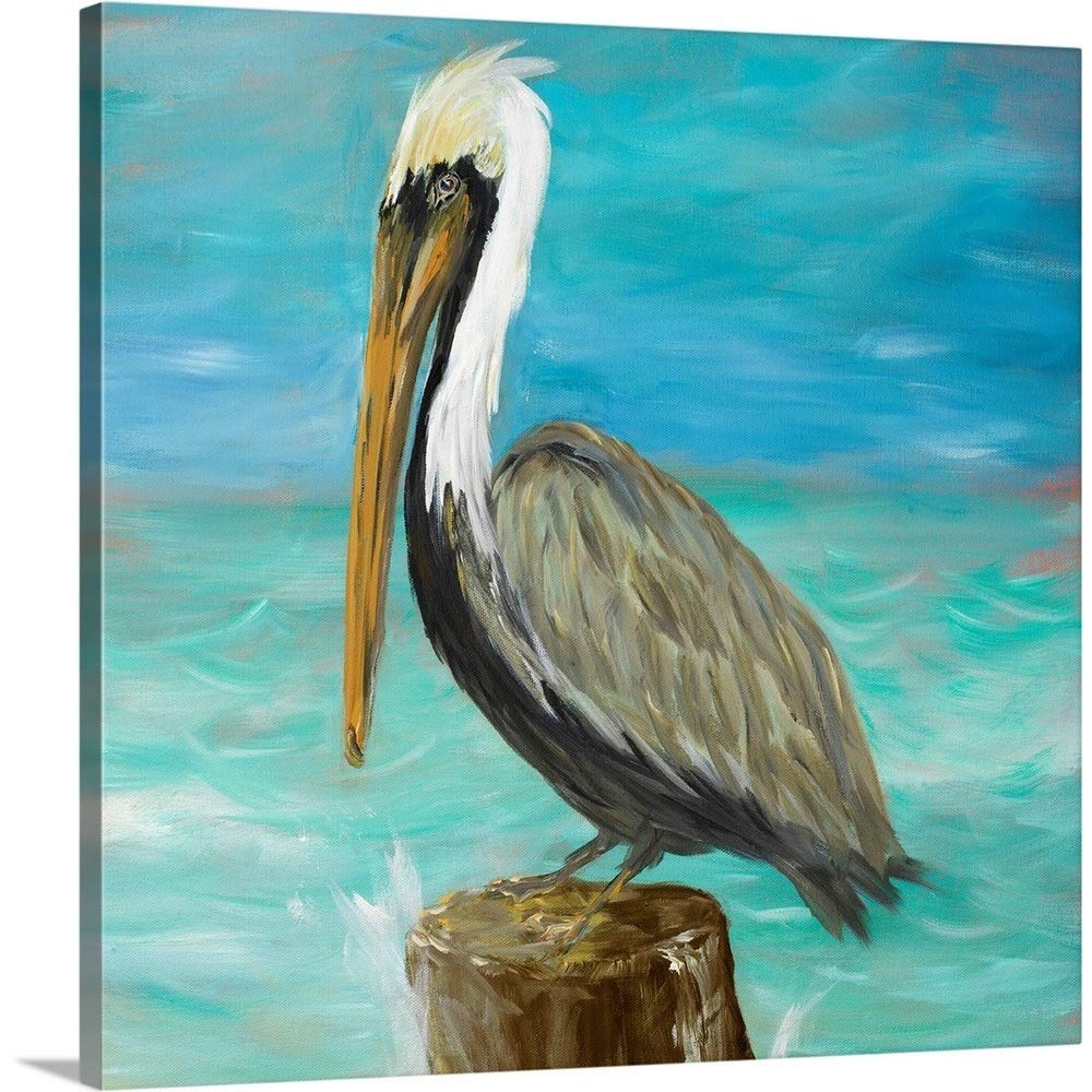 CANVAS ON DEMAND Pelicans On Post Canvas Wall Art Print by Julie Derice - Coastal Home Decor, Animal Bird Painting, 36x36 Inch - Perfect for Beach House, Living Room & Office Wall Decor