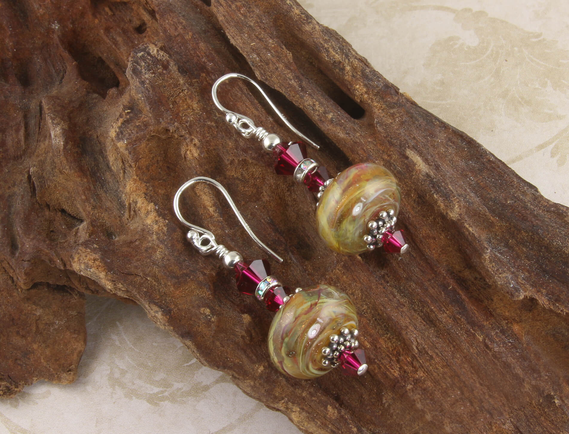 Handmade Ruby Golden Swirls Lampwork Glass Earrings - Elegant Dangle Earrings for Women, Perfect for Parties, Weddings & Special Occasions