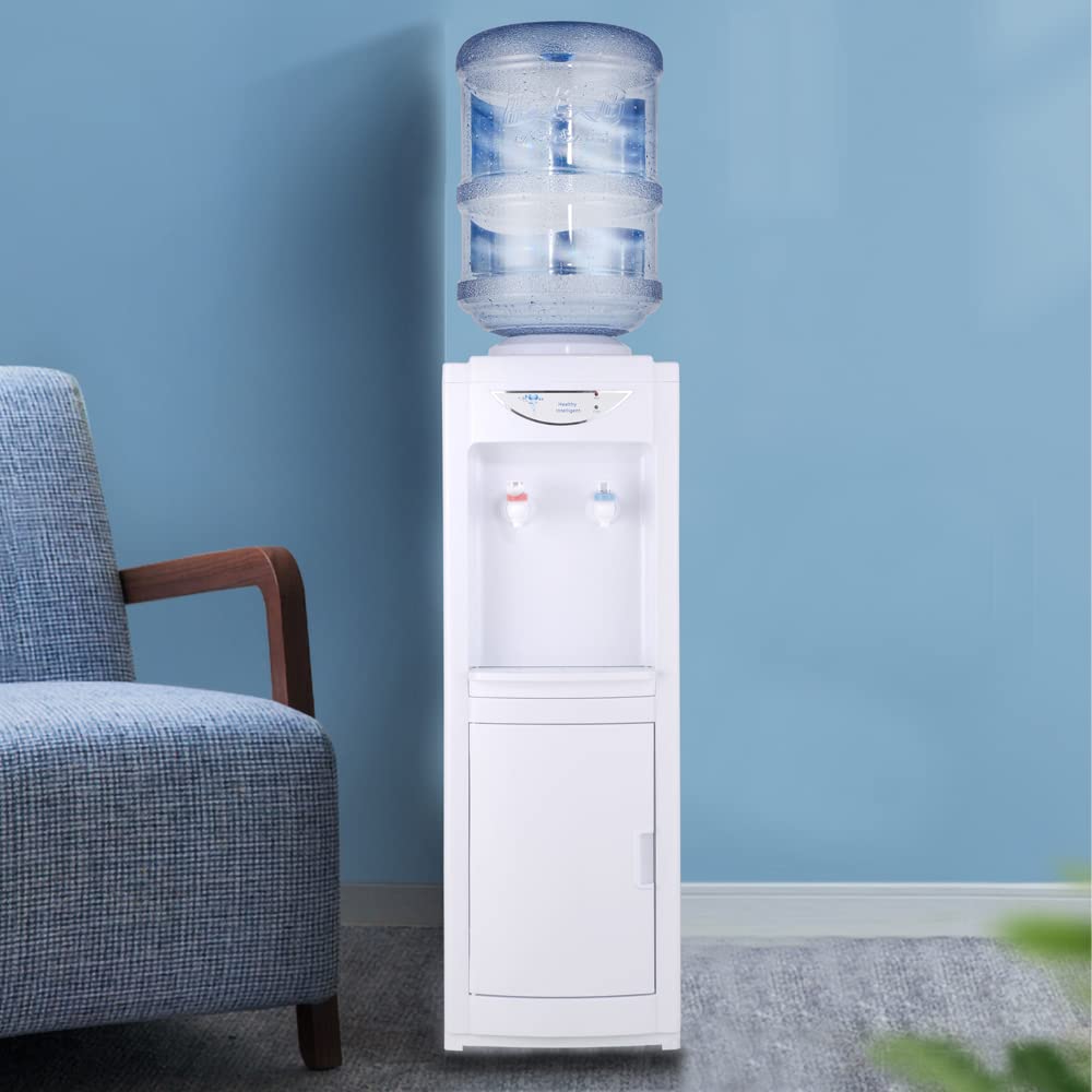 5 Gallon Top Loading Water Cooler Dispenser with Hot & Cold Water - Child Safety Lock, Storage Cabinet for Home & Office Use - White | Perfect for Kitchen, Break Room, or Office Hydration Station