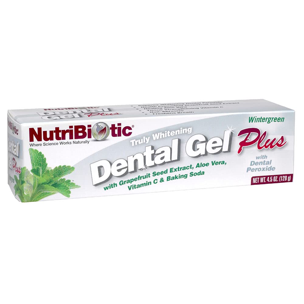 NutriBiotic Dental Gel Plus – Natural Teeth Whitening Gel with GSE, Aloe Vera & Vitamin C | Fluoride-Free Toothpaste with Baking Soda & Dental Peroxide | Wintergreen Flavor 4.5oz | Supports Healthy Teeth & Gums | Perfect for Daily Oral Care & Stain Removal