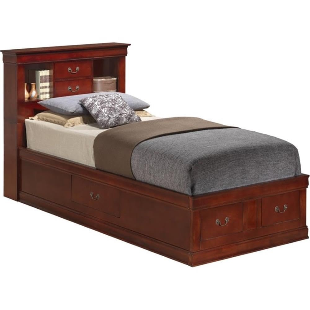 Glory Furniture Louis Phillipe Twin Storage Bed in Cherry - Space-Saving Bed Frame with Drawers for Small Bedrooms & Guest Rooms