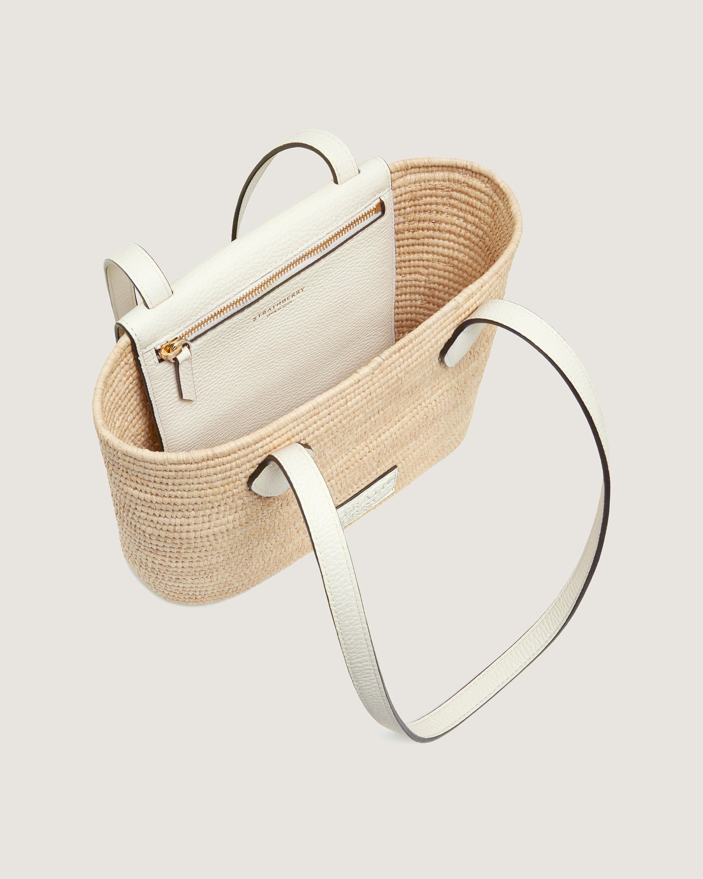Strathberry Small Basket Bag - Handwoven Raffia & Genuine Leather in Vanilla | Perfect for Beach, Picnic & Summer Outings