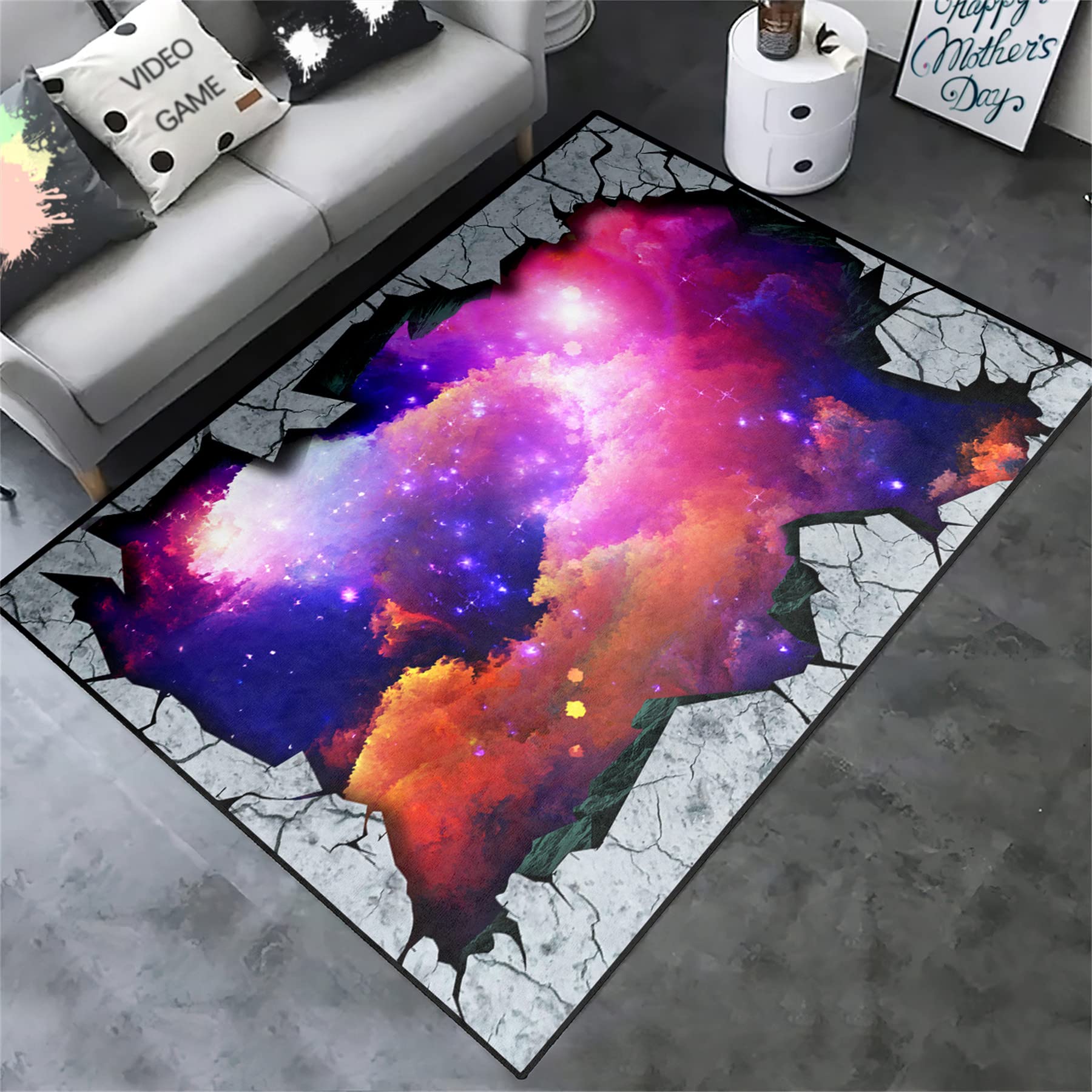 3D Outer Space Rug with Planets & Stars - 4'x5' Galaxy Universe Floor Mat for Kids Bedroom & Living Room Decor | Non-Slip Playroom Carpet, Educational Astronomy Theme