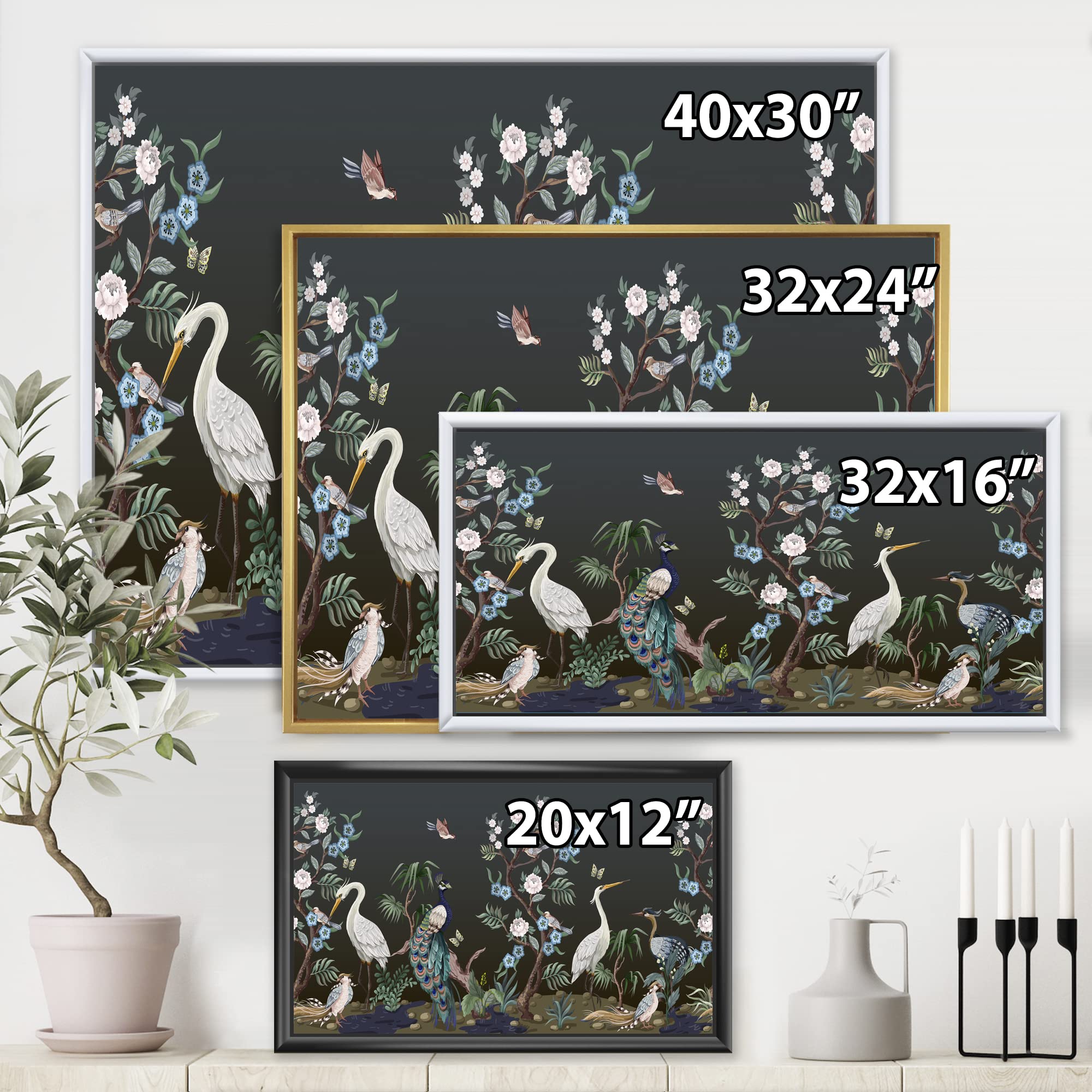 DesignQ Chinoiserie With Birds and Peonies IV - Traditional Framed Canvas Wall Art Print - Home Decor for Living Room, Bedroom & Office