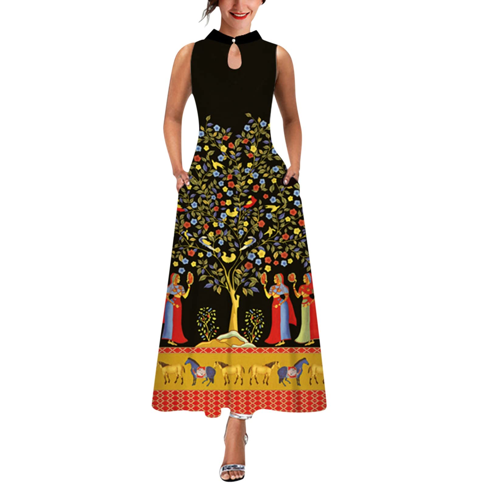 Women's Summer Sleeveless Floral Print Maxi Dress - Boho Beach Casual Loose Fit Stand Neck Long Dress for Spring & Summer | Perfect for Vacations, Beach Parties and Outdoor Events