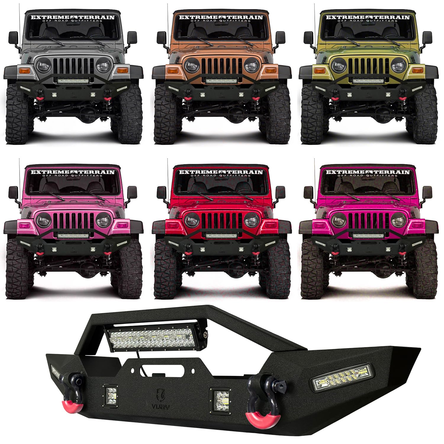 Wrangler TJ Front Bumper 97-06 | Heavy Duty Rock Crawler Off Road Bumper with Winch Plate, 5 LED Lights & 2 D-Rings | Textured Black Finish | Perfect for Jeep Wrangler TJ Trail Riding & Off-Road Adventures
