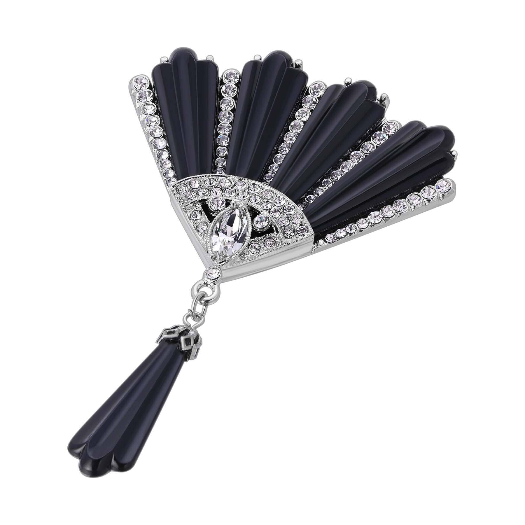 Vintage 1928 Art Deco Crystal & Black Stone Statement Brooch Pin - Elegant Jewelry for Women, Perfect for Evening Dresses, Weddings & Special Occasions