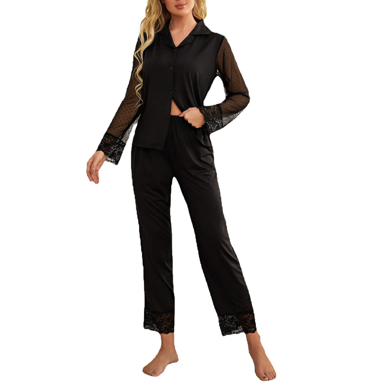 Sexy Lace Long Pajama Set for Women - Solid Color Sleepwear Nightgown & Lounge Lingerie for Bedtime, Romantic Nights & Boudoir Photography