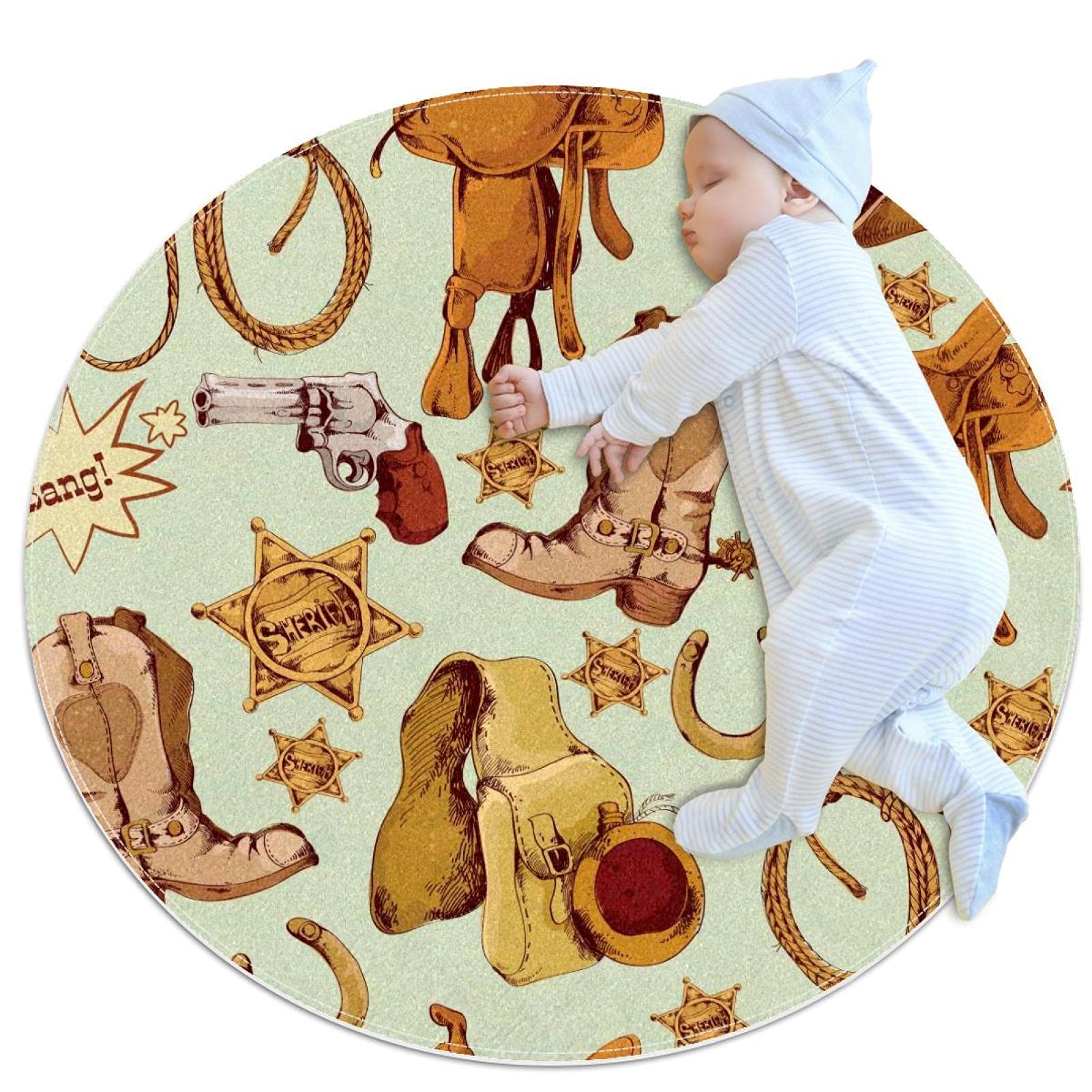 Wild West Cowboy Pattern Kids Play Mat - Non-Slip Circular Game Blanket for Toddlers & Infants - Perfect for Crawling, Playtime & Family Leisure Activities