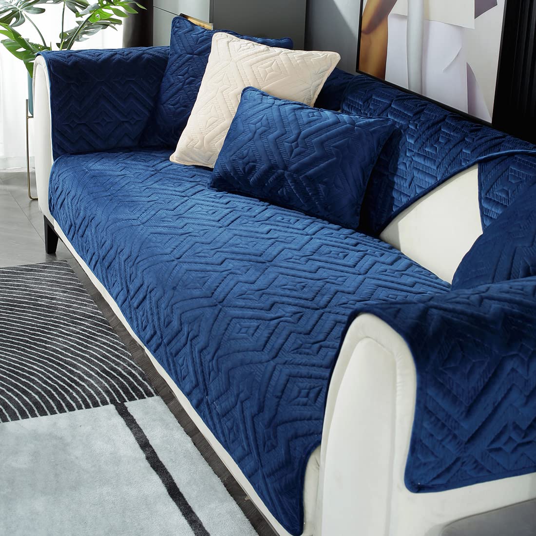 Velvet Plush Diamond Pattern Sofa Cover - Non-Slip Sectional Couch Protector, Soft & Warm Thickened Slipcover for Pets & Kids - Dark Blue 41