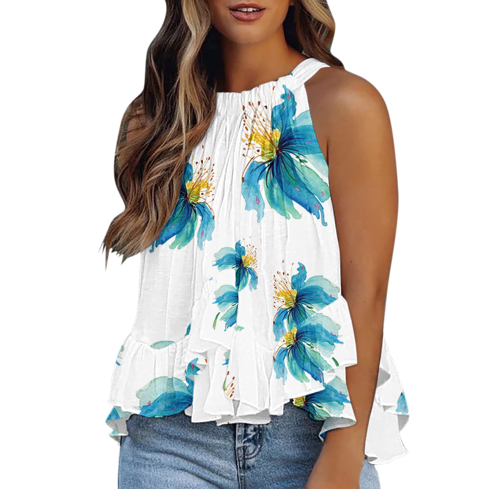 Women's Loose Fit Boho Summer Tops - Vintage Western Graphic Tank Tops with Halter Neck & Sleeveless Design - Perfect for Beach, Music Festivals & Casual Outings