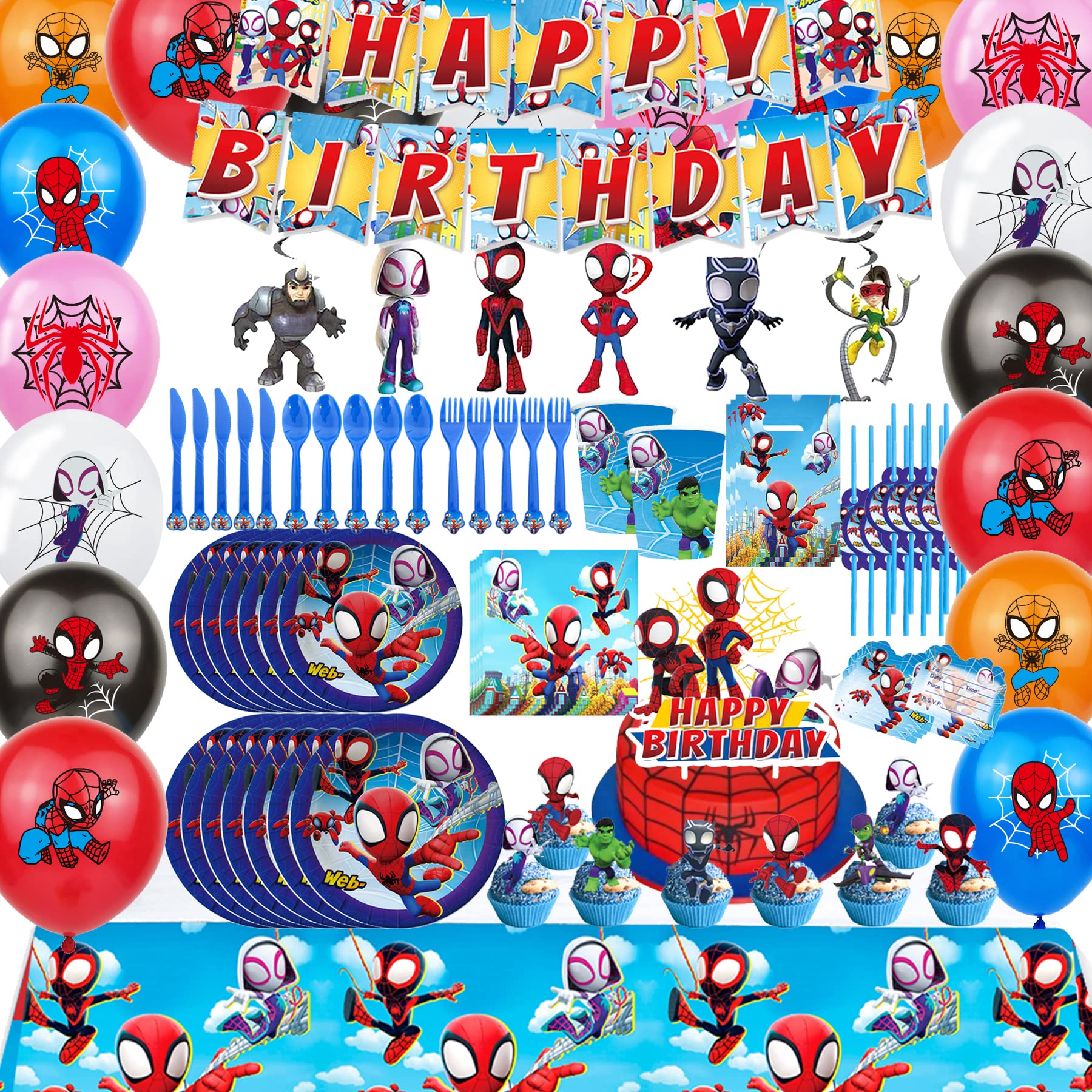 Spidey and His Amazing Friends Spider-Themed Birthday Party Supplies Set - Plates, Cups, Utensils, Tablecloth, Banner, Napkins, Cake Toppers & Balloons for Kids Boys and Girls - Perfect for Superhero Birthday Decorations and Themed Celebrations