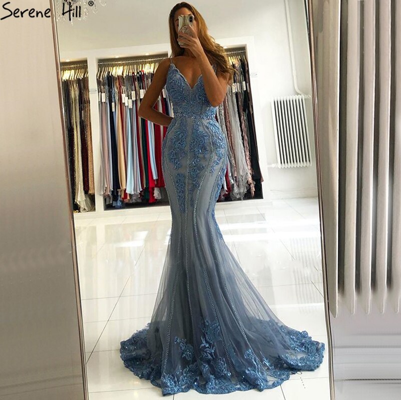 Elegant Blue Mermaid Evening Dress - Sleeveless Beaded Lace Formal Gown for Women | Perfect for Prom, Wedding Guest & Black Tie Events