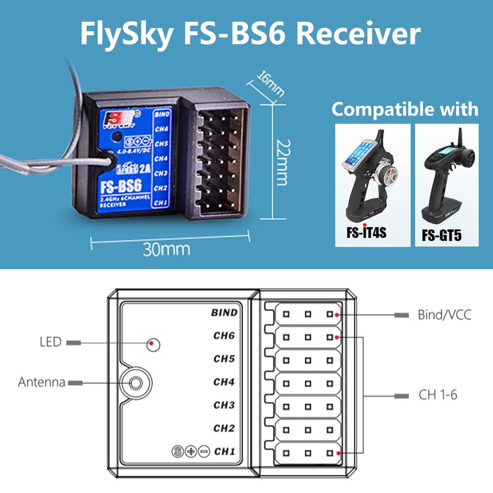 Flysky FS-BS6 2.4GHz 6CH AFHDS2 RC Receiver - Compatible with FS-GT5 & FS-IT4S Transmitters for RC Cars, Boats, Drones - Perfect for Hobbyists and Remote Control Enthusiasts