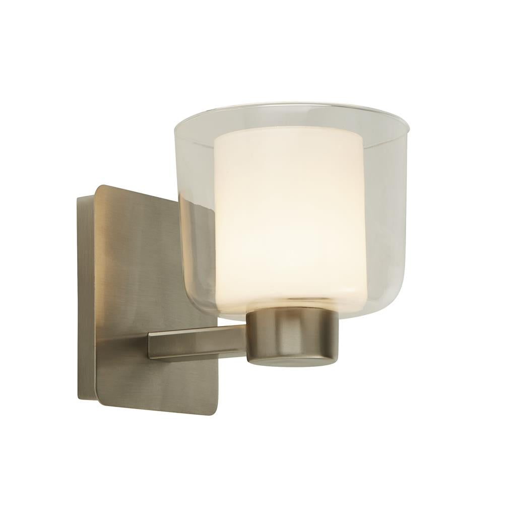 Bolivia IP44 Rated Bathroom Wall Light - Satin Nickel Metal with Clear & Opal Glass - Perfect for Bathroom, Vanity, and Powder Room Lighting