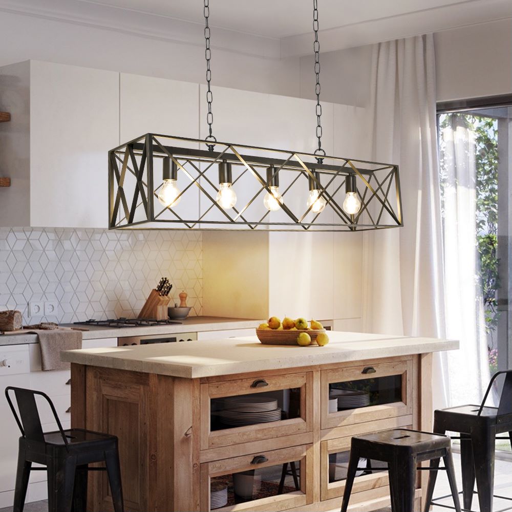 Depuley 5-Light Industrial Pendant Lighting Fixture - Rectangular Open Frame Farmhouse Ceiling Light for Kitchen Island, Dining Room, Living Room & Cellar - Matte Black Finish with E26 Sockets - Perfect for Modern Farmhouse, Industrial & Rustic Home Decor
