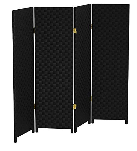 4 ft. Short Woven Fiber Folding Room Divider Screen - Black - 4 Panel Privacy Partition for Home, Office, or Studio Decor