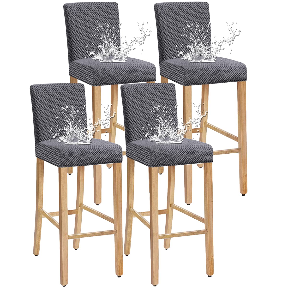 Stretch Waterproof Jacquard Bar Chair Covers - Washable & Removable Slipcovers for Dining Chairs, Bar Stools & Back Chairs (Set of 4, Dark Gray) - Perfect for Home, Restaurant & Office Use