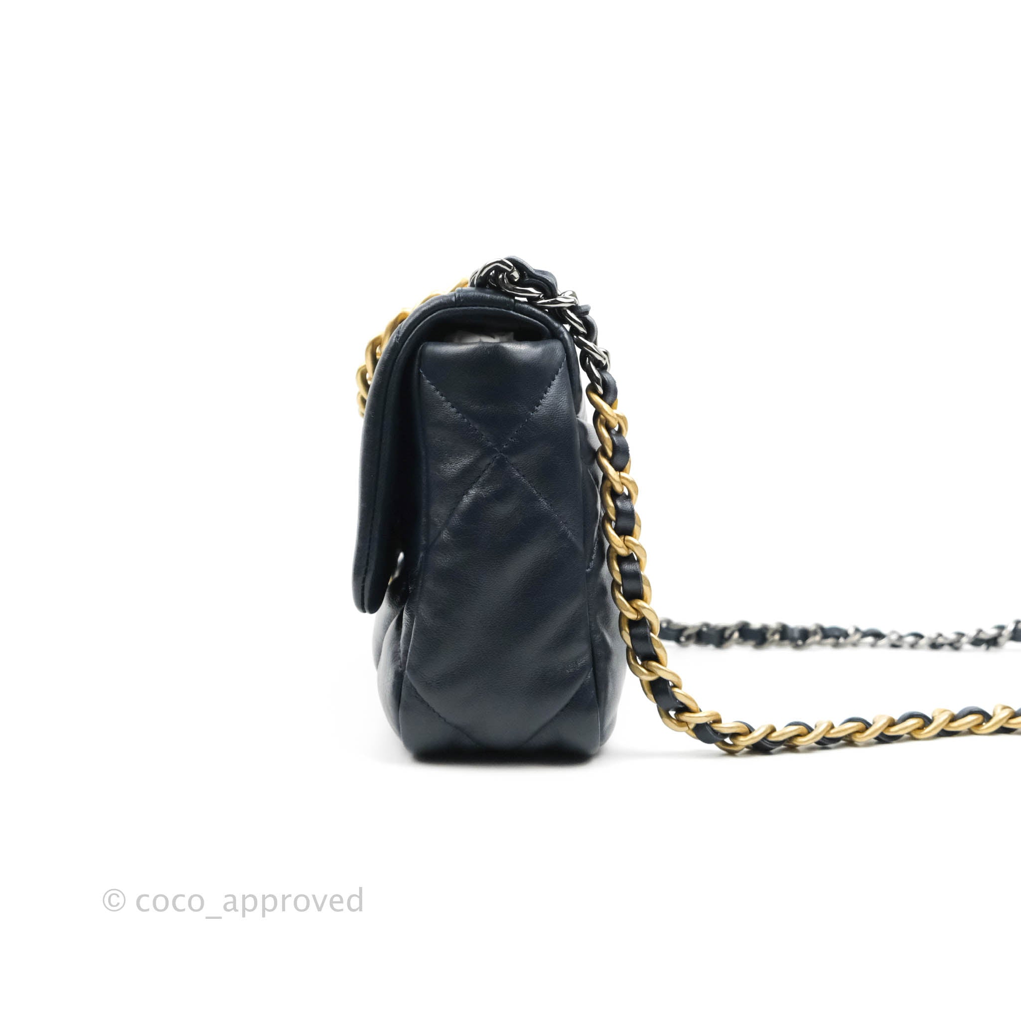 Chanel 19 Small Navy Blue Leather Flap Bag with Mixed Gold & Silver Hardware - Perfect for Work, Date Night & Luxury Fashion Lovers