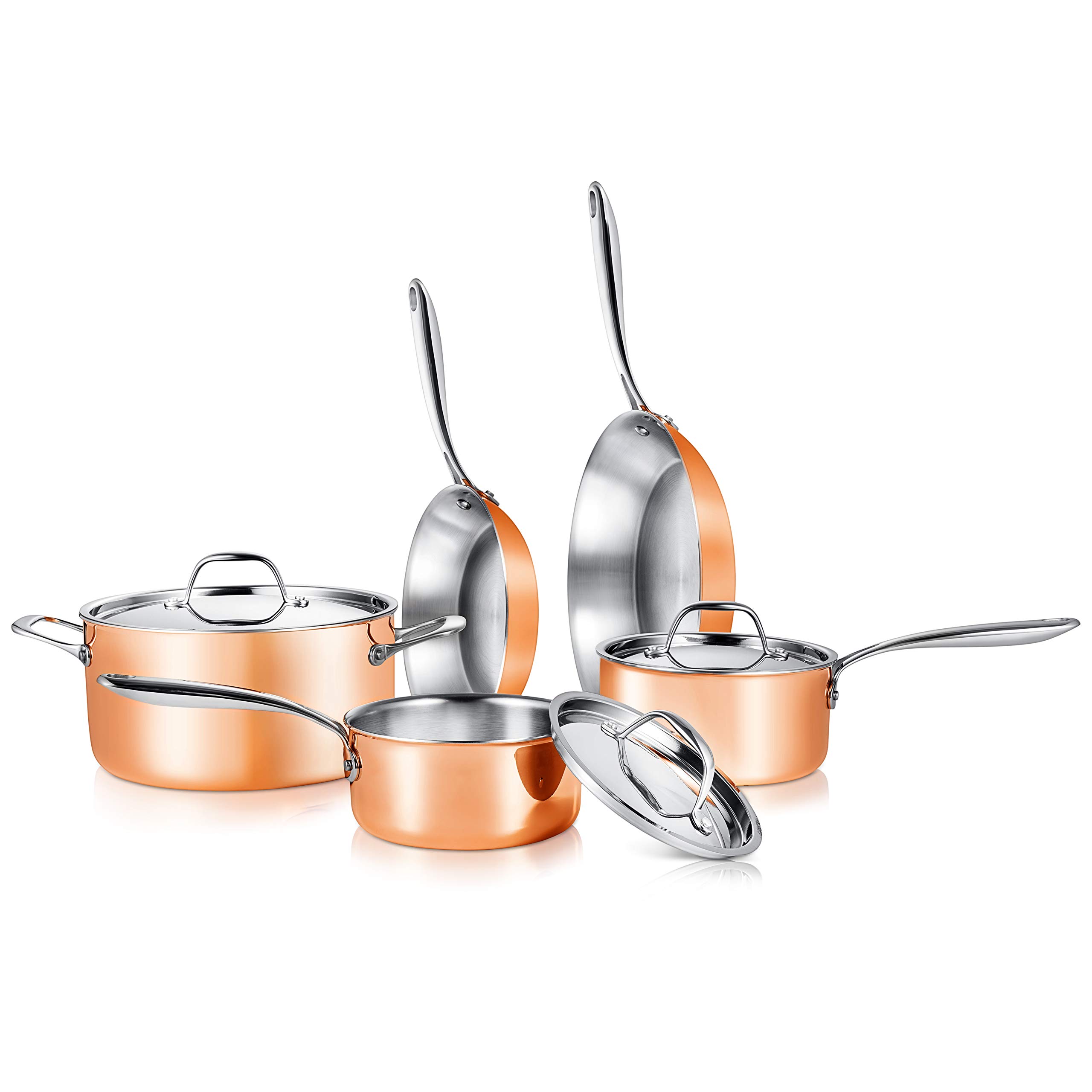 NutriChef 8-Piece Stainless Steel Cookware Set with Cast Iron Handles - Tri-Ply Copper Core for Even Heating - Includes Saucepan, Casserole, Frying Pan & Lids (NCCW8SS, White Silver) - Perfect for Home Cooking, Professional Kitchens & Gourmet Meal Preparation
