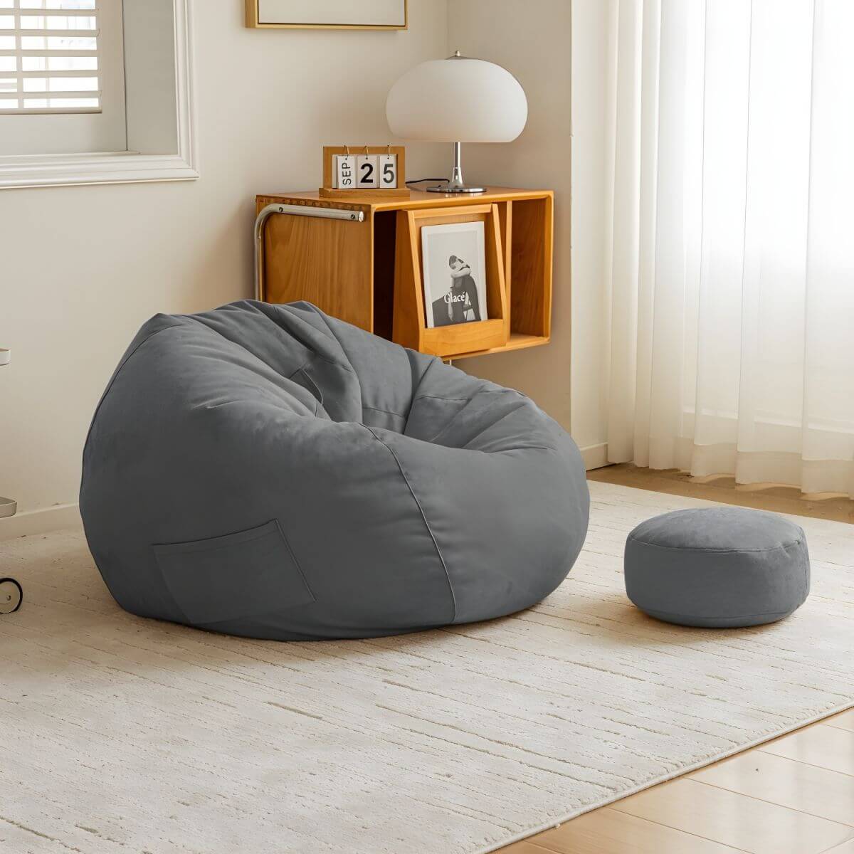 Large Indoor Bean Bag Chair with Ottoman - Storage & Removable Washable Cover for Adults - Perfect for Living Room, Bedroom, Game Room & Home Theater Lounging