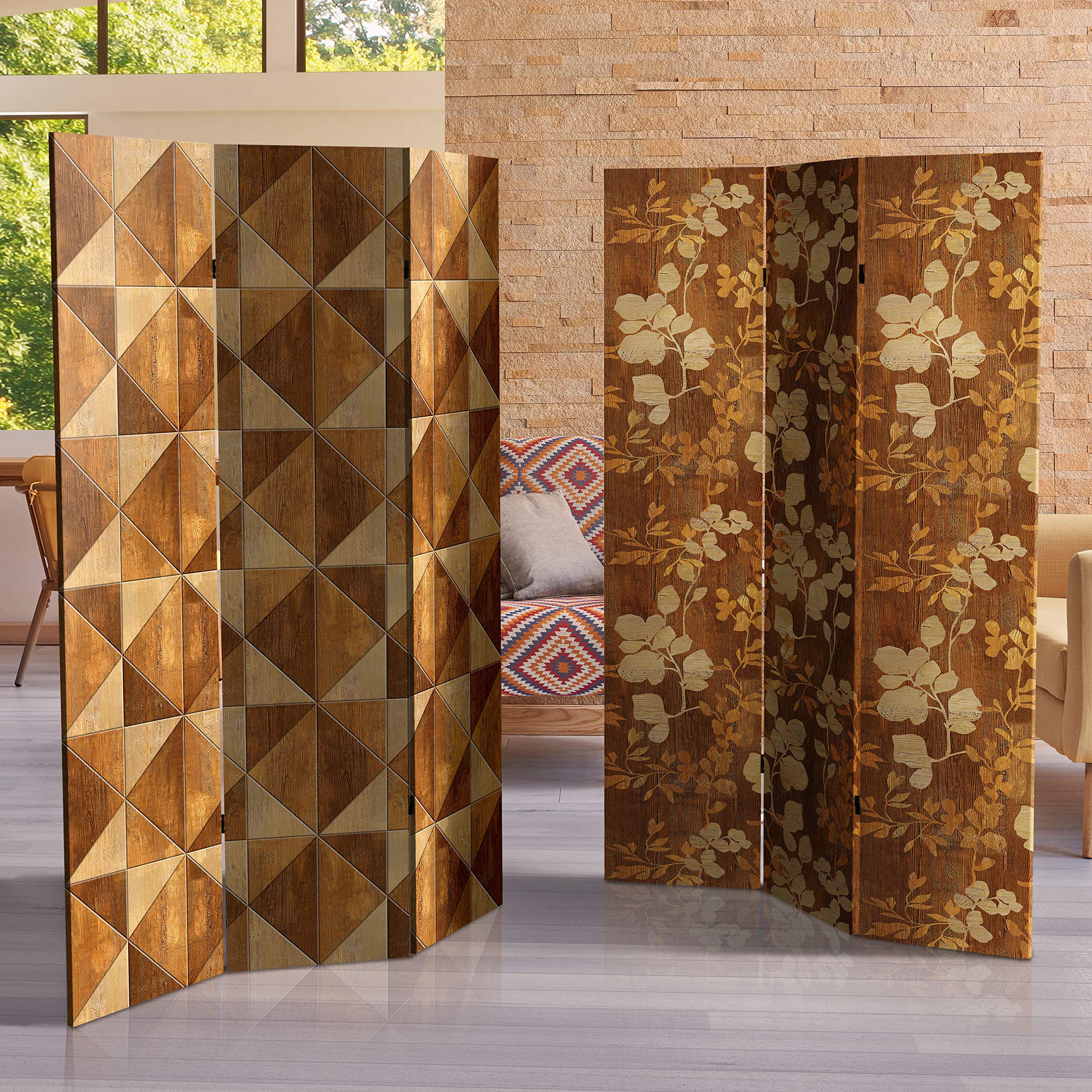6 ft. Tall Red Lantern Double-Sided Wood Inlay Pattern Canvas Room Divider - Asian Style Decorative Screen for Living Room, Bedroom, and Office Privacy Partition