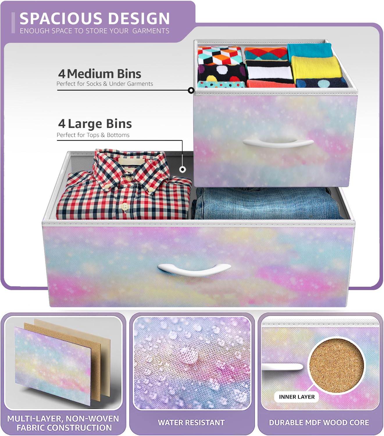 Sorbus 8-Drawer Dresser for Kids & Teens - Sturdy Steel Frame with Wood Top & Fabric Bins - Perfect for Bedroom, Nursery, Playroom Storage - Organize Clothes, Toys & More (Tie-Dye Pattern) - Ideal for Small Spaces & Shared Kids' Rooms
