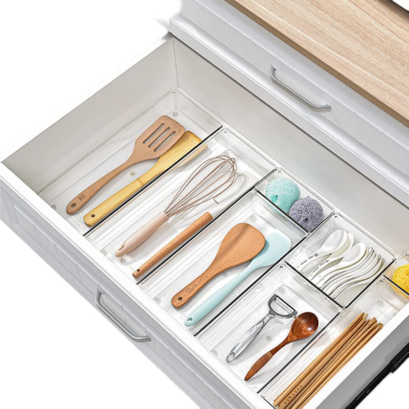 **Clear Compartmentalized Kitchen Cabinet Storage Box - Non-Slip Drawer Organizer for Snacks, Cosmetics & Sundries - Multi-Size Matching for Desktop & Countertop Use**