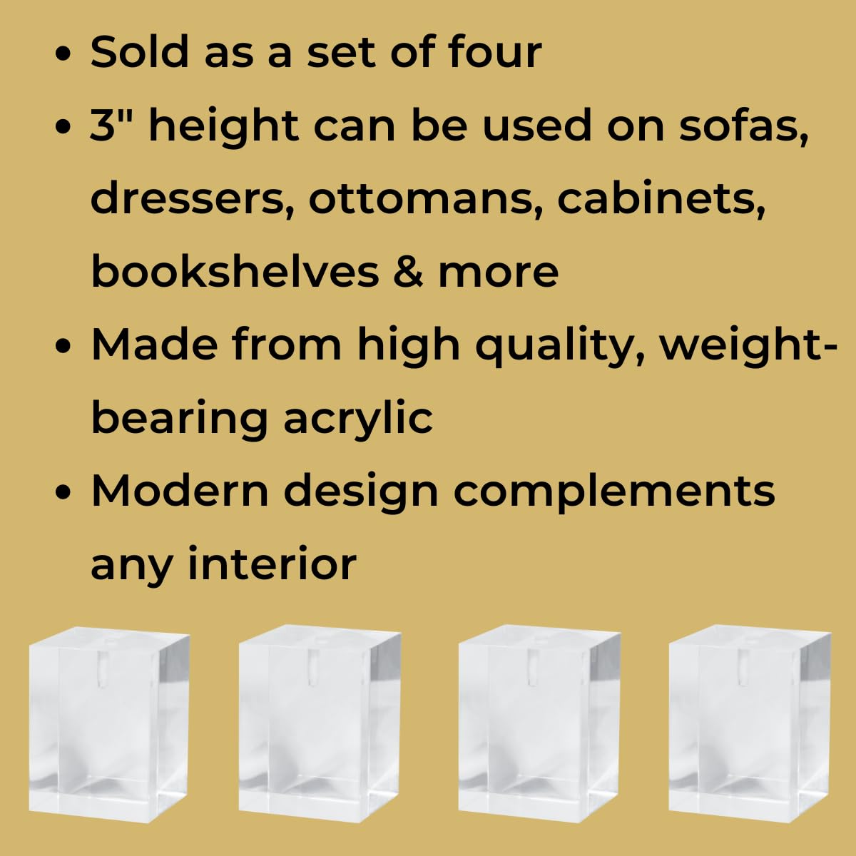 Osborne Cube Acrylic Furniture Legs (Set of 4) - 3 Inch Clear Modern Sofa/Chair/Cabinet Feet - Contemporary Home Decor for Living Room, Bedroom & Office