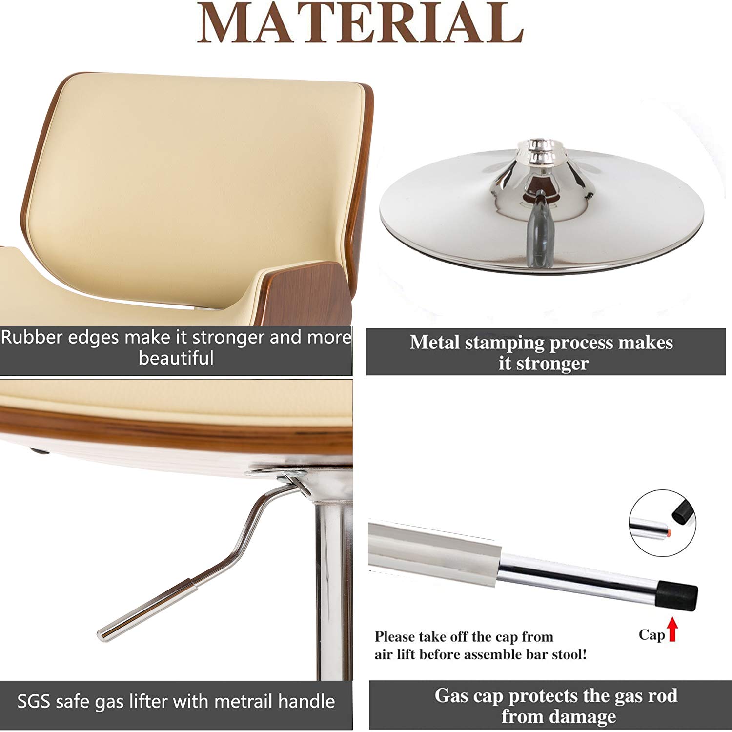 Glitzhome Adjustable Bar Stool Set of 2 - Swivel Mid-Century Modern PU Leather Counter Height Dining Chairs with Back Support - Perfect for Kitchen Island, Breakfast Nook & Home Bar Decor