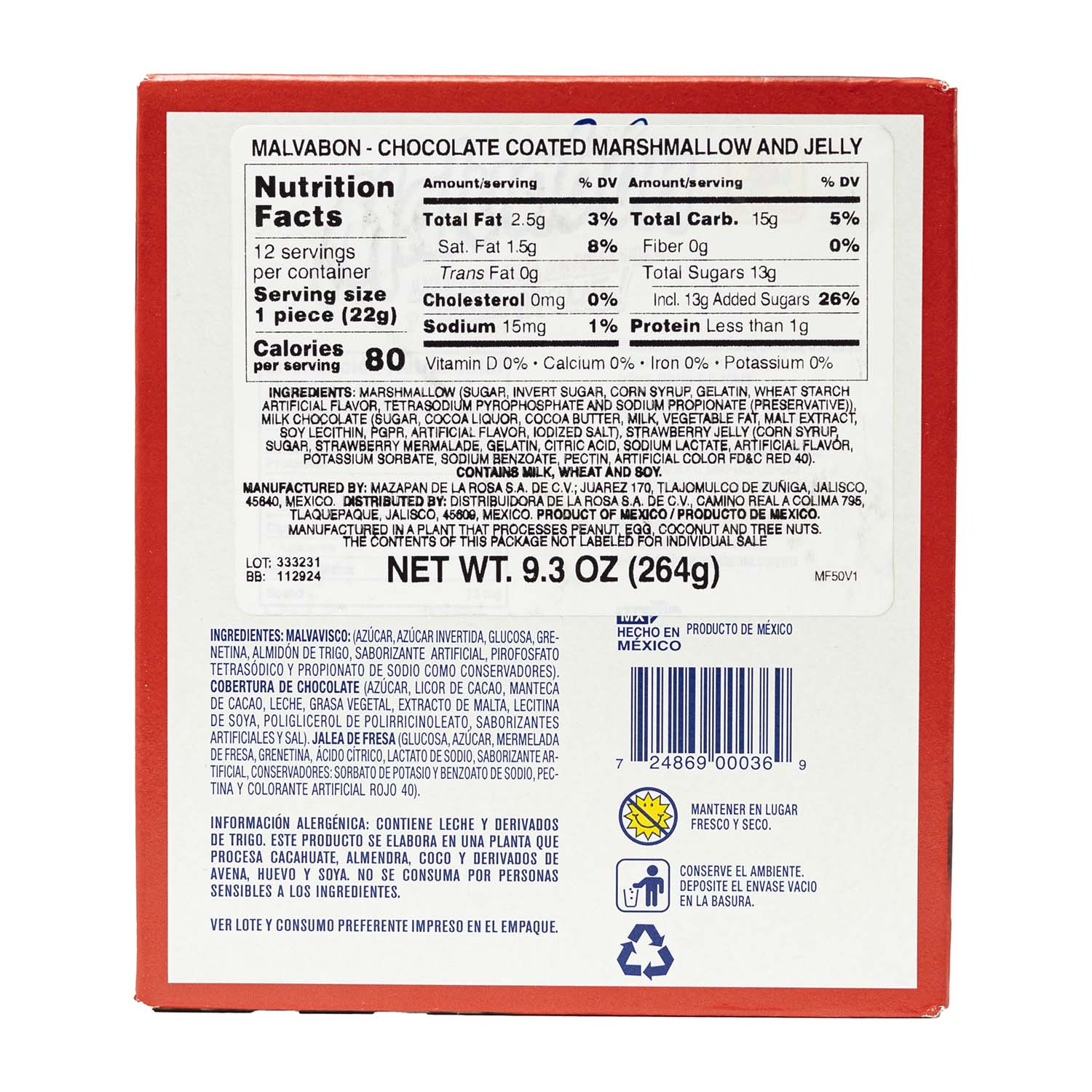 De La Rosa Malvabon Strawberry Candy | 12 Count Box | Mexican Candy for Parties, Gifts & Snacking