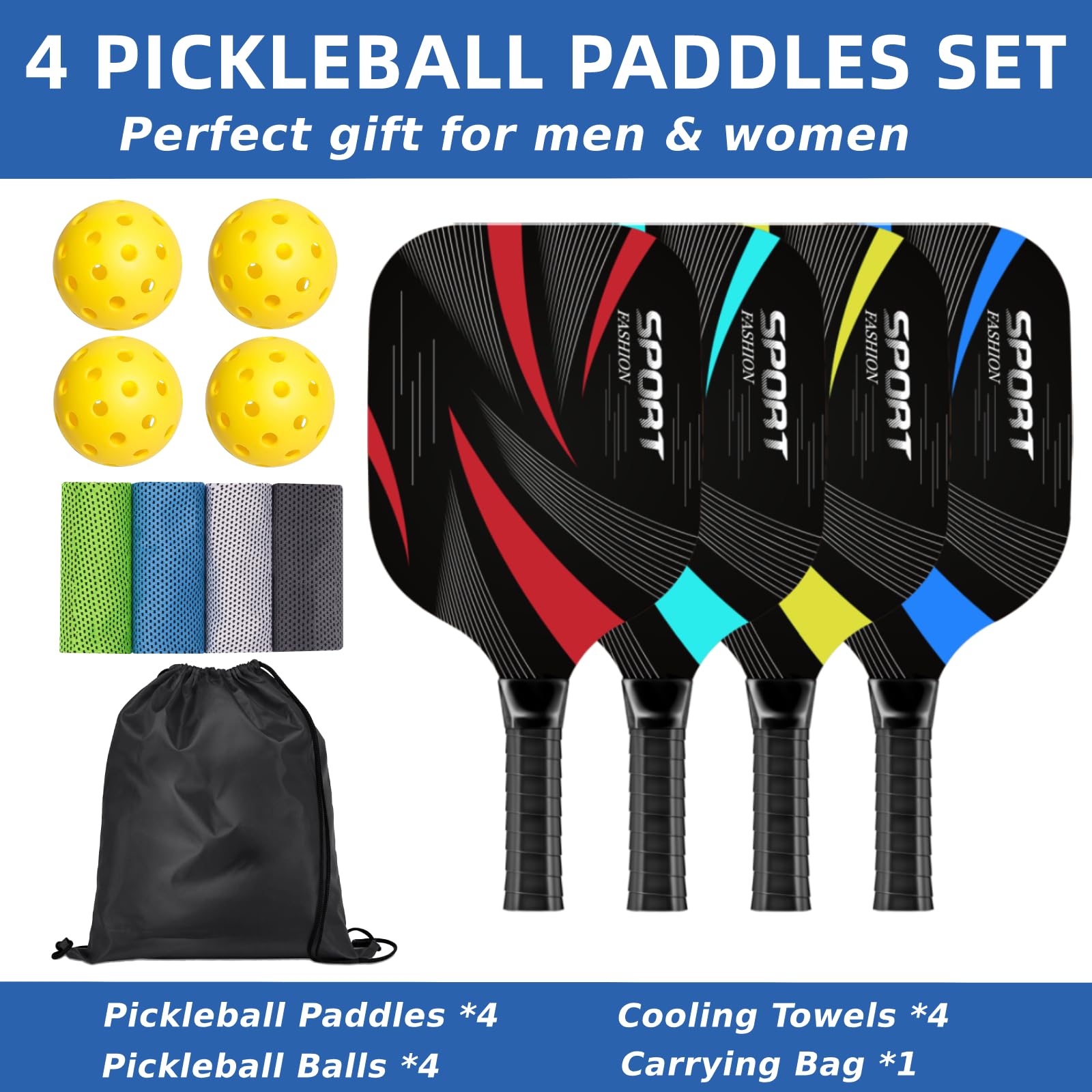 Premium Pickleball Set with 4 Wooden Paddles, Cooling Towels, Balls & Carry Bag - Ergonomic Cushion Grip for Comfort - Perfect for Outdoor Games, Family Fun & Backyard Sports