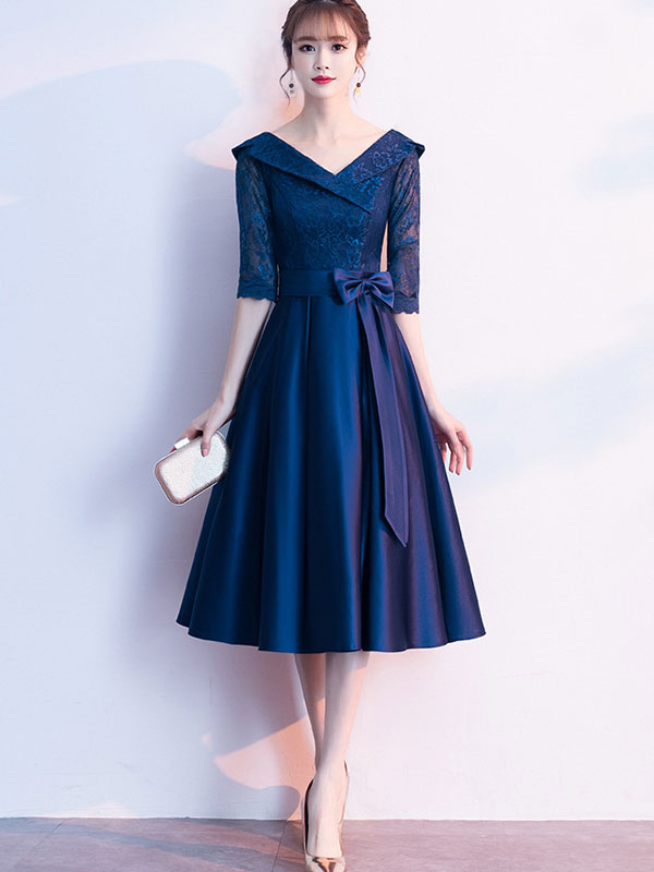 Navy Blue Fit & Flare Midi V-Neck Party Dress for Women - Elegant Cocktail & Evening Gown for Weddings, Dinners & Special Occasions