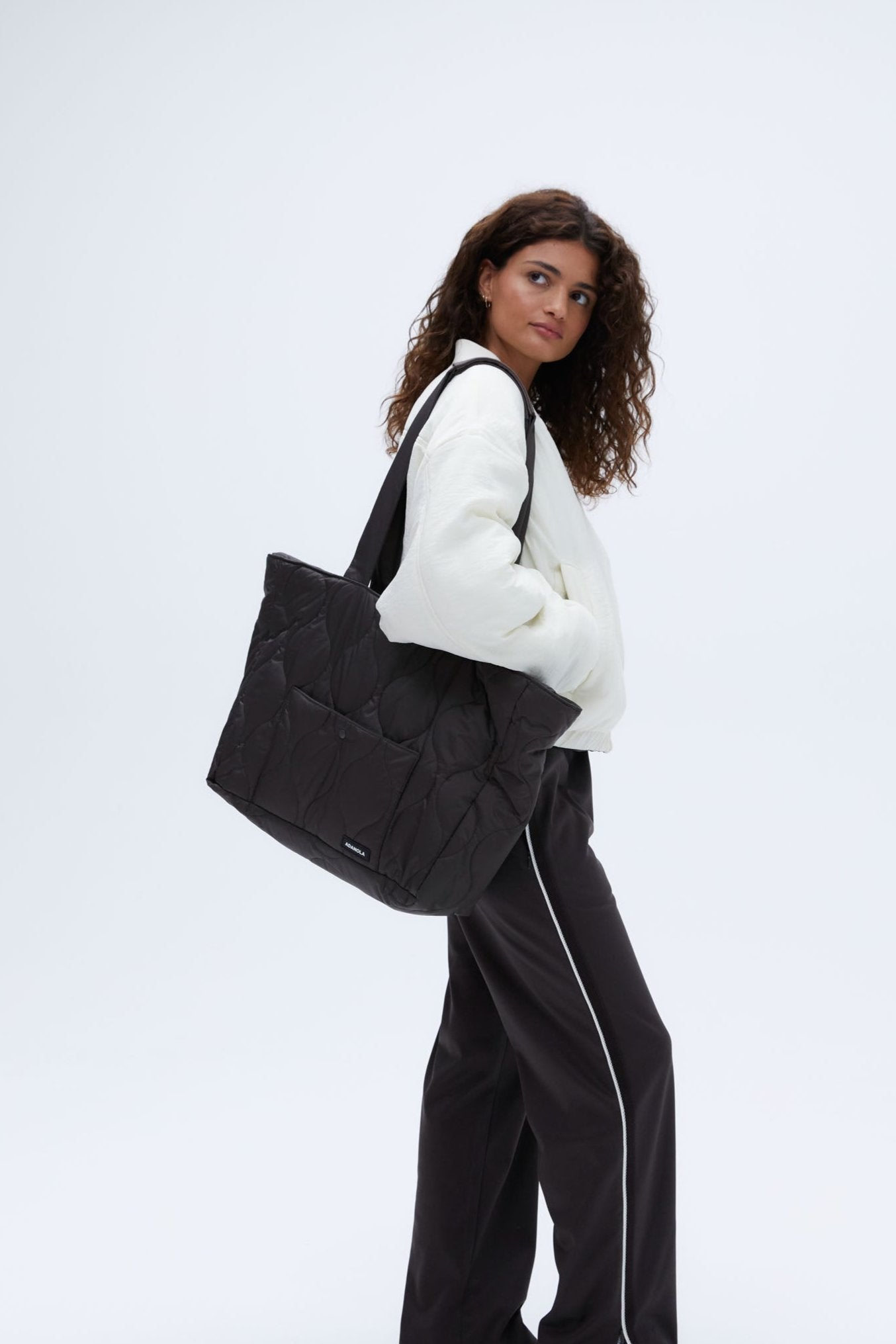 Quilted Nylon Tote Bag for Women - Stylish Coffee Bean Print Shoulder Bag - Perfect for Work, Travel & Shopping